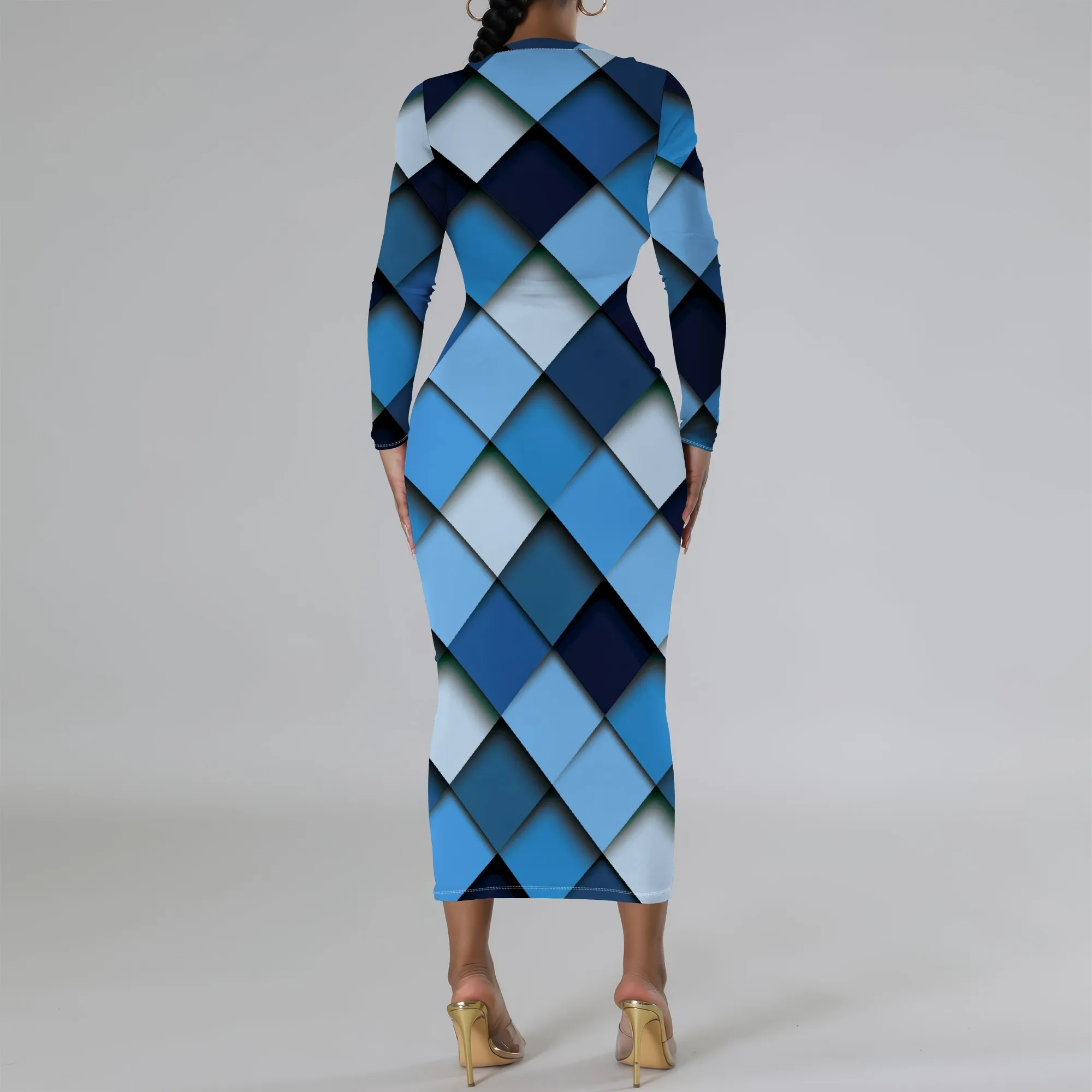 Plus Size Blue Geometric Diamond Long Sleeve Bodycon Dress - Women's Modern Bold Party Date Night Workwear Plus Size Blue Geometric Diamond Long Sleeve Bodycon Dress - Women's Modern Bold Party Date Night Workwear