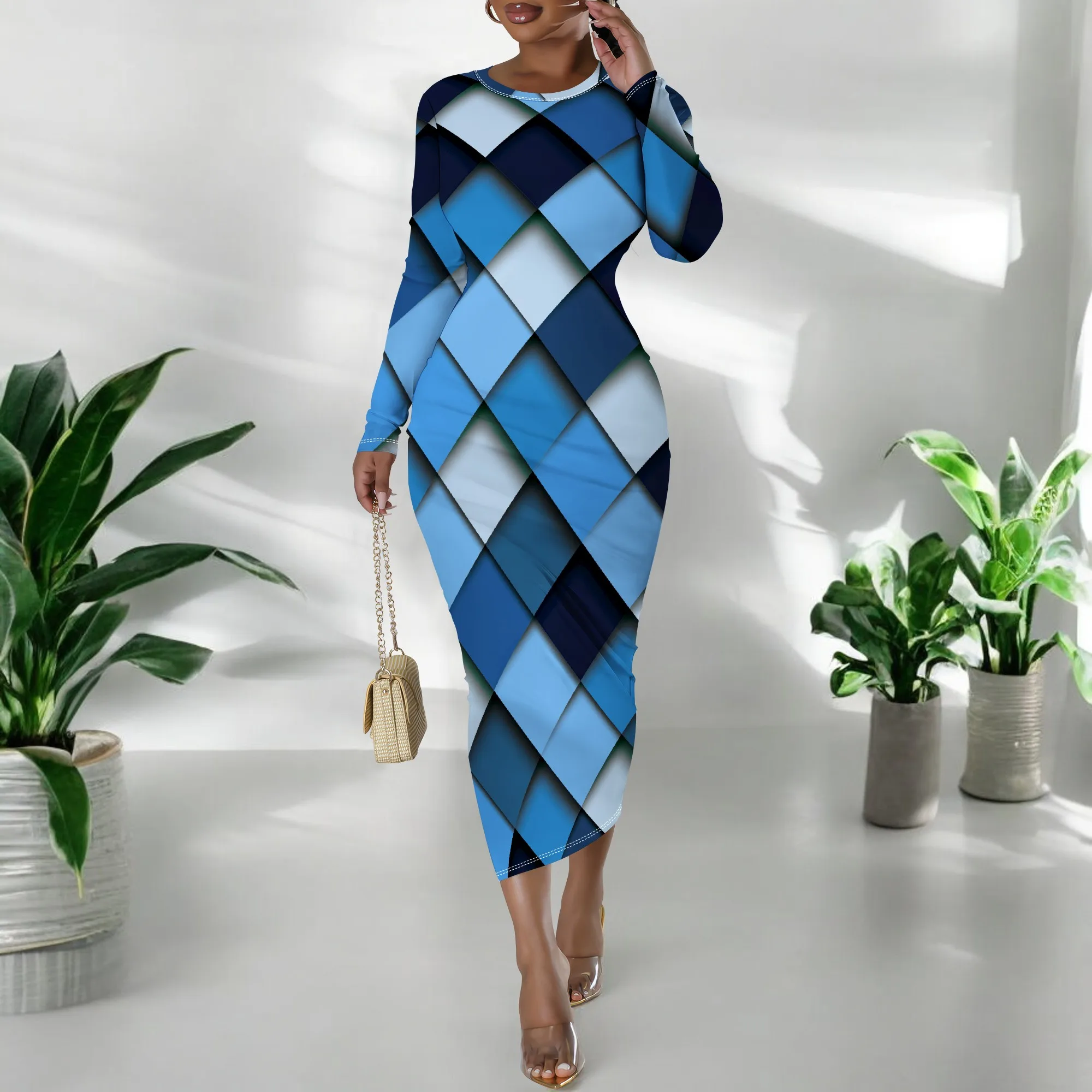 Plus Size Blue Geometric Diamond Long Sleeve Bodycon Dress – Women’s Modern Bold Party Date Night Workwear Plus Size Blue Geometric Diamond Long Sleeve Bodycon Dress - Women's Modern Bold Party Date Night Workwear