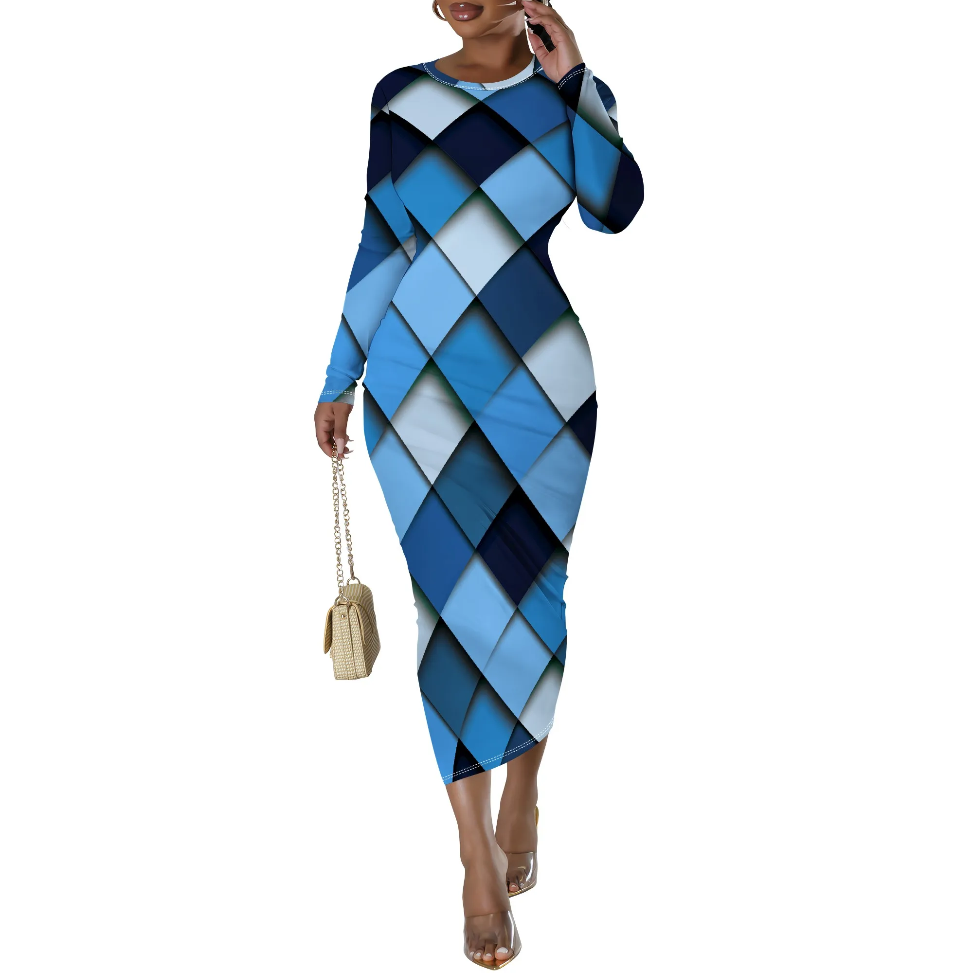 Plus Size Blue Geometric Diamond Long Sleeve Bodycon Dress - Women's Modern Bold Party Date Night Workwear Plus Size Blue Geometric Diamond Long Sleeve Bodycon Dress - Women's Modern Bold Party Date Night Workwear