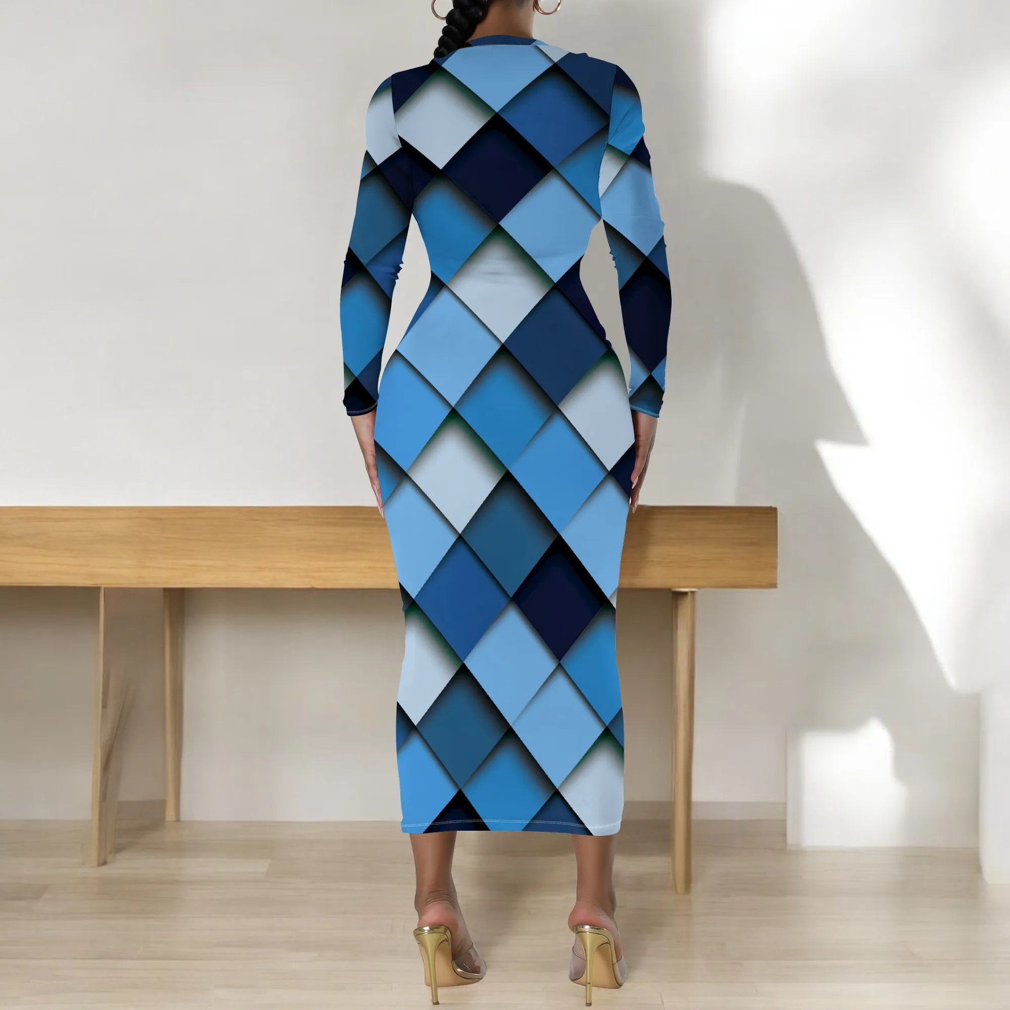Plus Size Blue Geometric Diamond Long Sleeve Bodycon Dress - Women's Modern Bold Party Date Night Workwear Plus Size Blue Geometric Diamond Long Sleeve Bodycon Dress - Women's Modern Bold Party Date Night Workwear