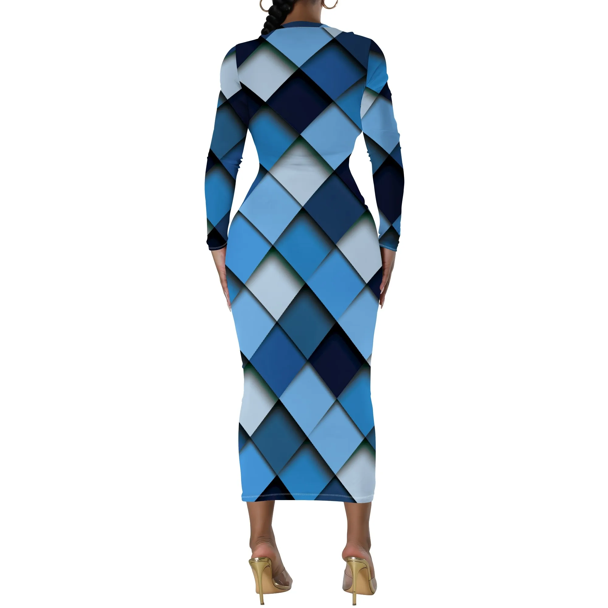 Plus Size Blue Geometric Diamond Long Sleeve Bodycon Dress - Women's Modern Bold Party Date Night Workwear Plus Size Blue Geometric Diamond Long Sleeve Bodycon Dress - Women's Modern Bold Party Date Night Workwear