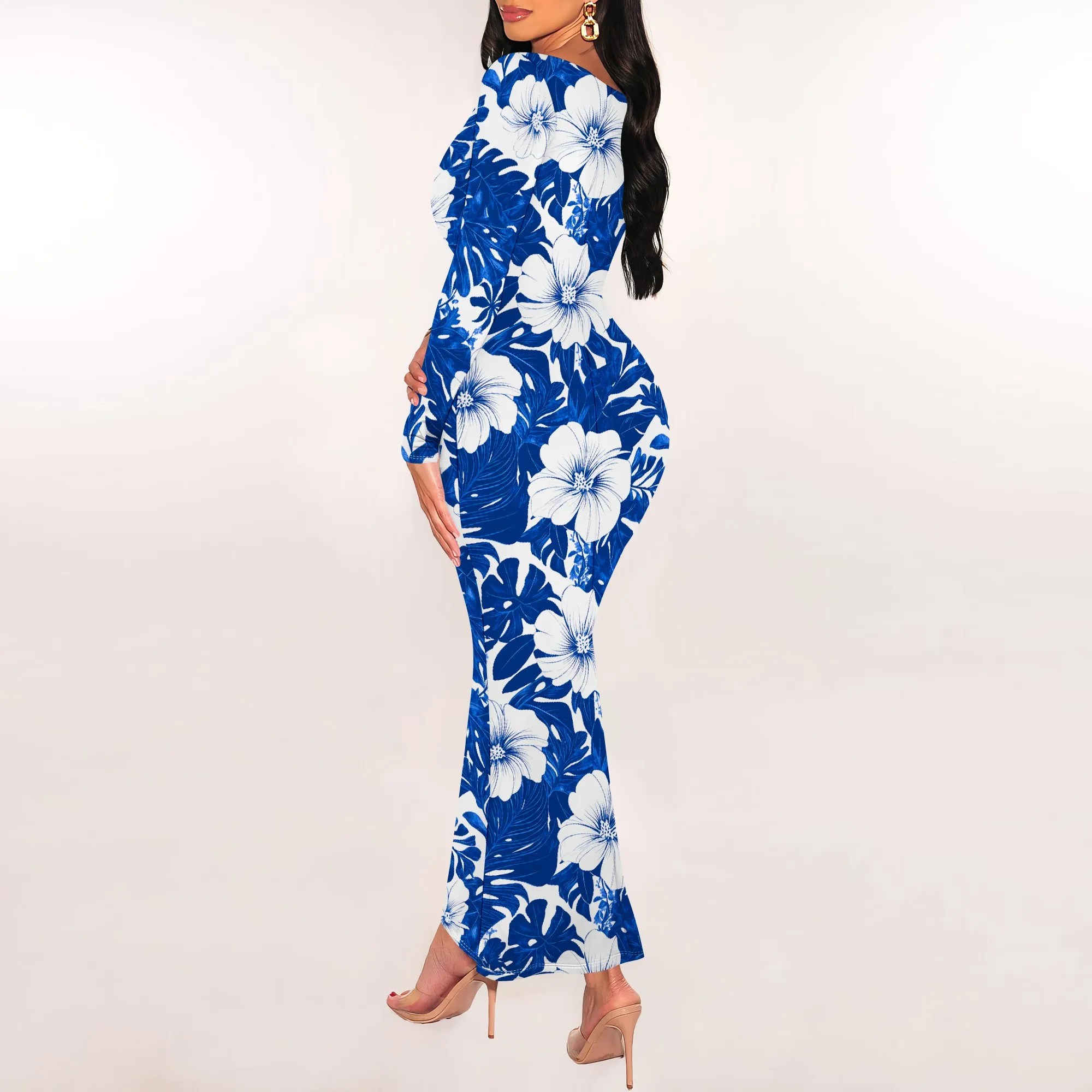 Blue White Tropical Floral Print Maxi Dress Long Sleeve Slim Fit Beach Vacation Style Blue White Tropical Floral Print Maxi Dress Long Sleeve Slim Fit Beach Vacation Style