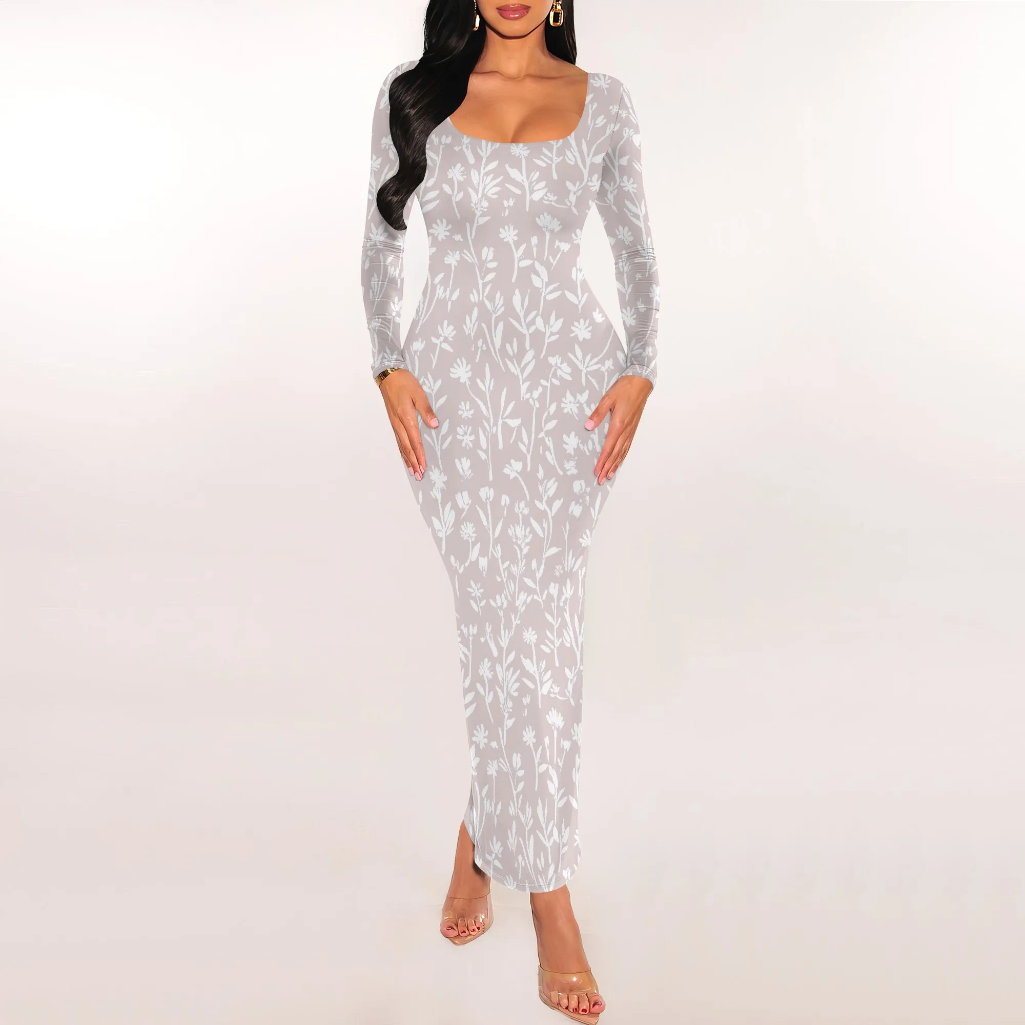 Blue White Tropical Floral Print Maxi Dress Long Sleeve Slim Fit Beach Vacation Style Blue White Tropical Floral Print Maxi Dress Long Sleeve Slim Fit Beach Vacation Style