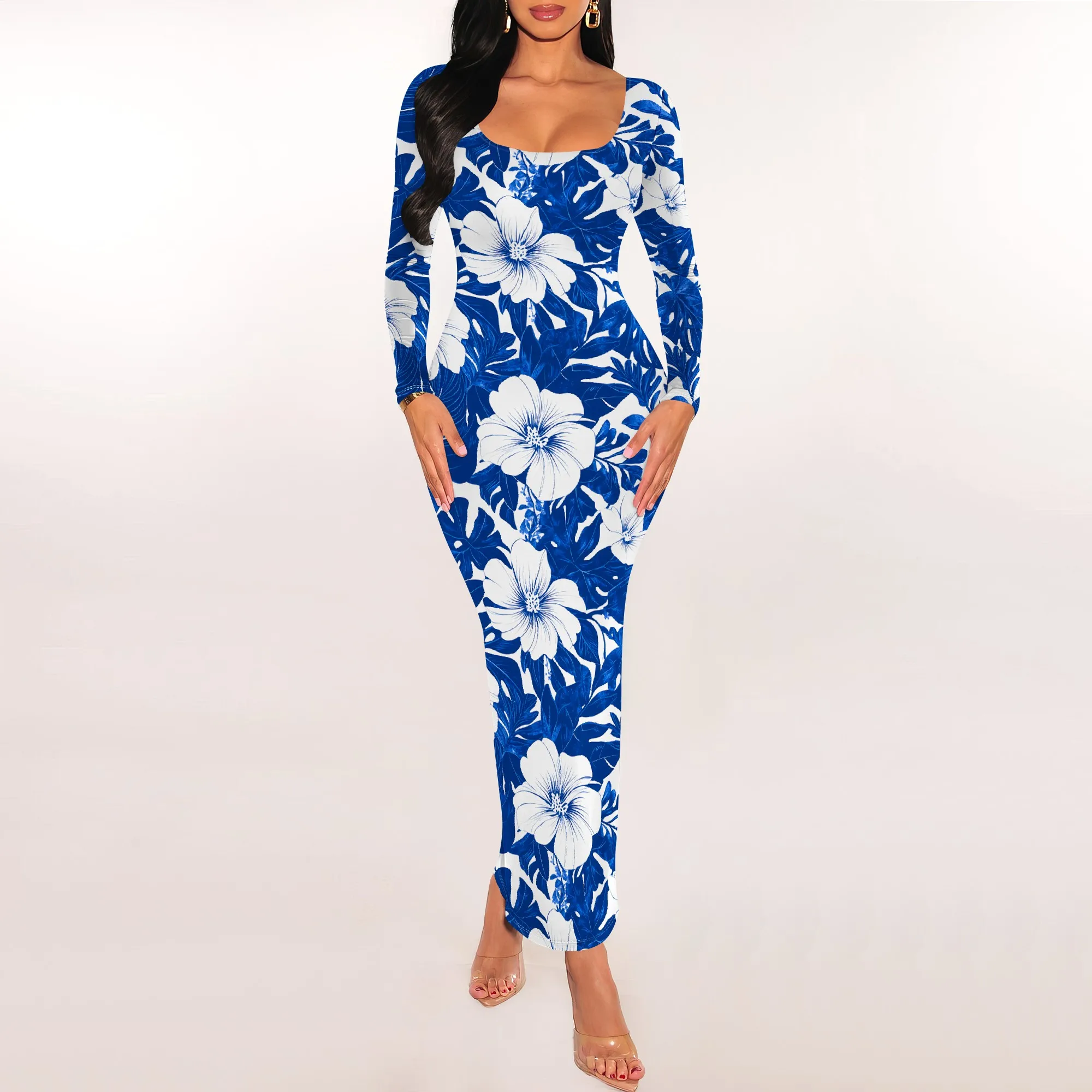 Blue White Tropical Floral Print Maxi Dress Long Sleeve Slim Fit Beach Vacation Style Blue White Tropical Floral Print Maxi Dress Long Sleeve Slim Fit Beach Vacation Style