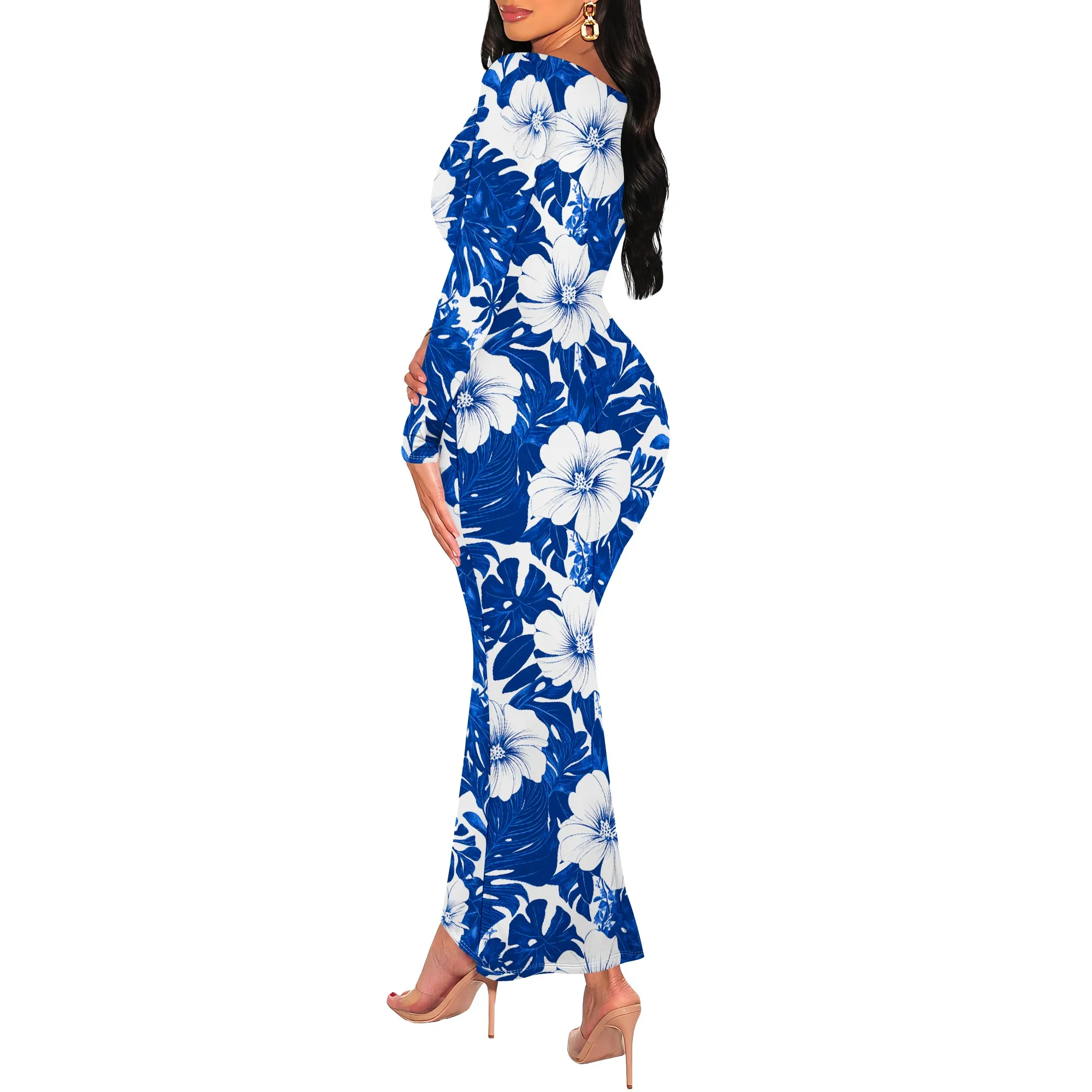 Blue White Tropical Floral Print Maxi Dress Long Sleeve Slim Fit Beach Vacation Style Blue White Tropical Floral Print Maxi Dress Long Sleeve Slim Fit Beach Vacation Style