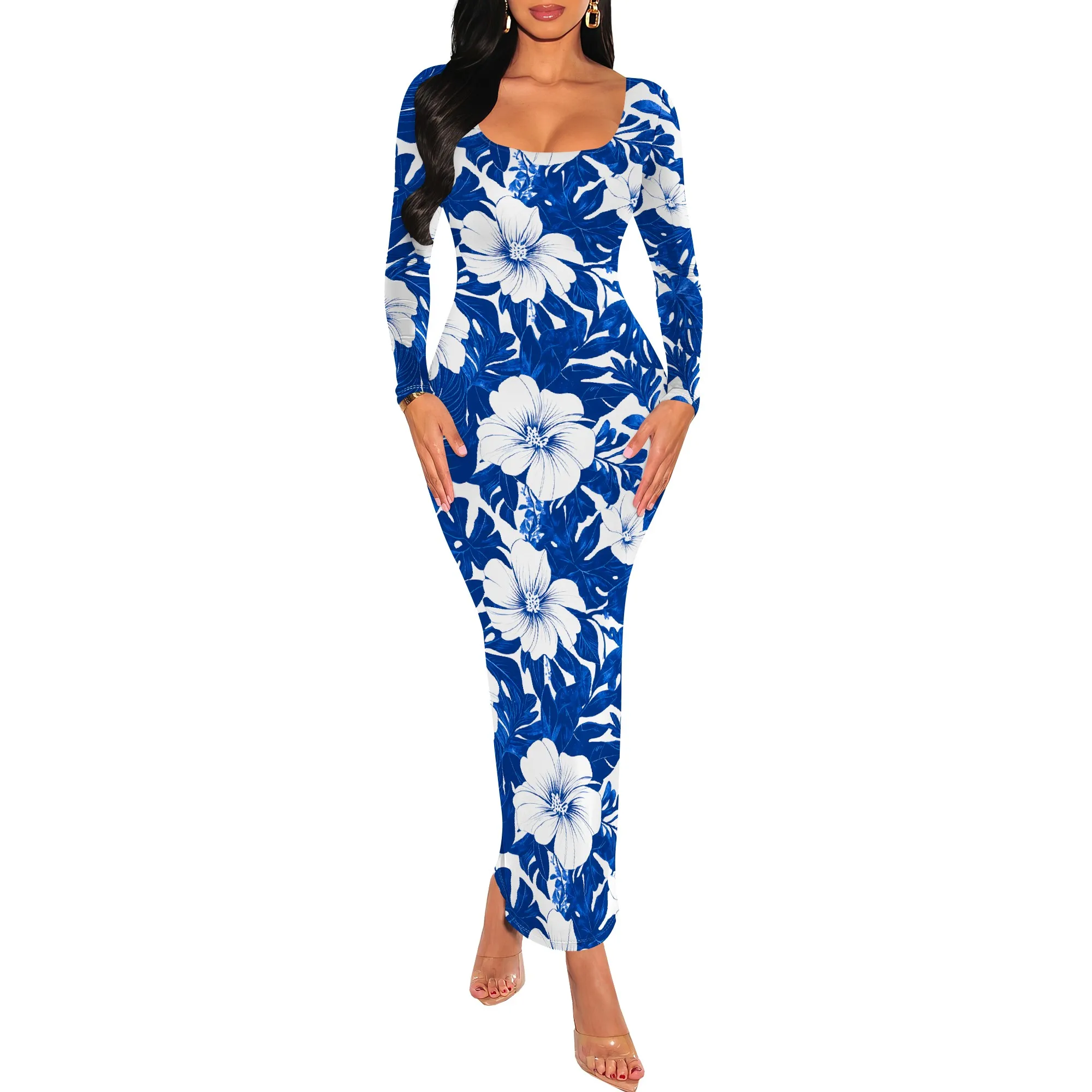 Blue White Tropical Floral Print Maxi Dress Long Sleeve Slim Fit Beach Vacation Style Blue White Tropical Floral Print Maxi Dress Long Sleeve Slim Fit Beach Vacation Style