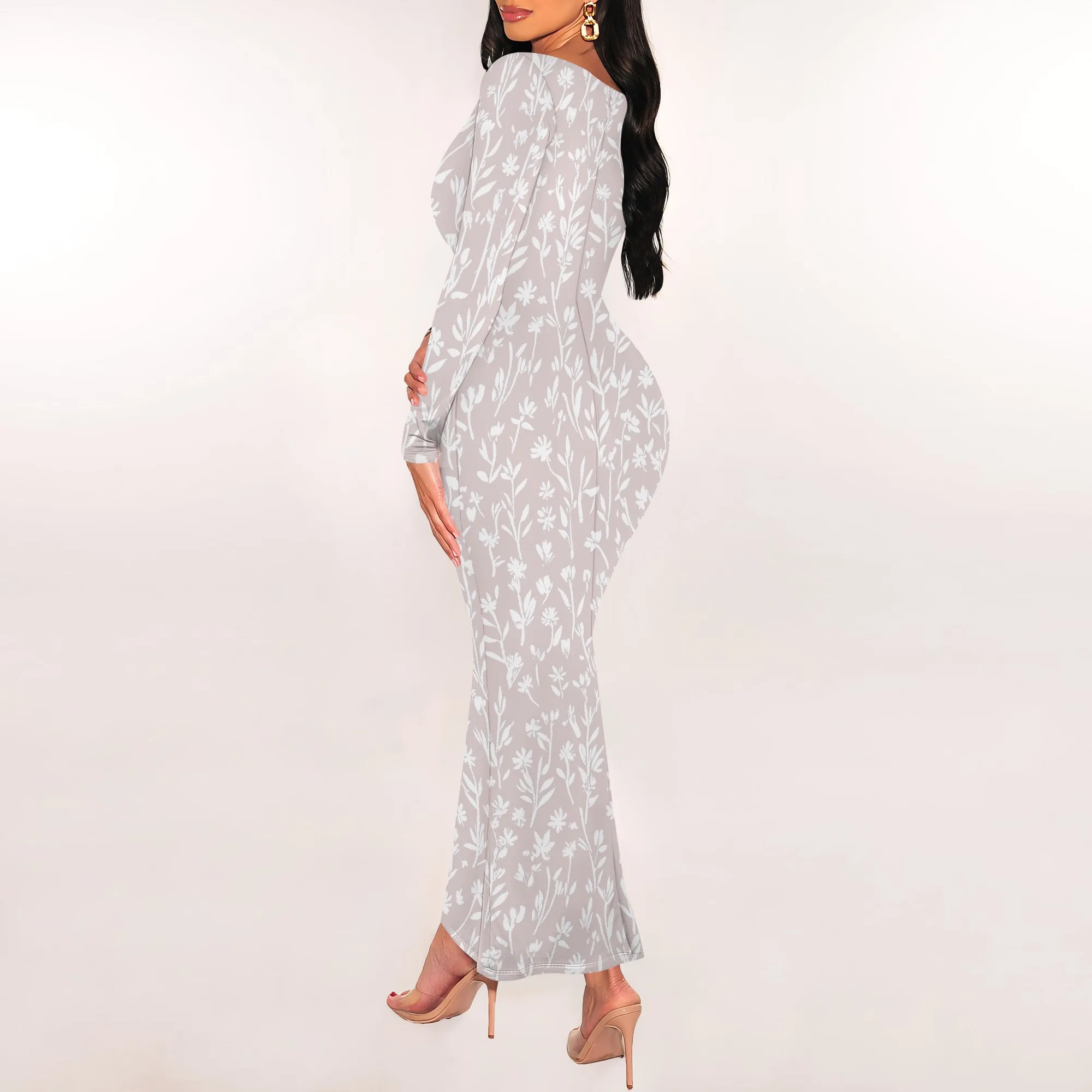 Blue White Tropical Floral Print Maxi Dress Long Sleeve Slim Fit Beach Vacation Style Blue White Tropical Floral Print Maxi Dress Long Sleeve Slim Fit Beach Vacation Style