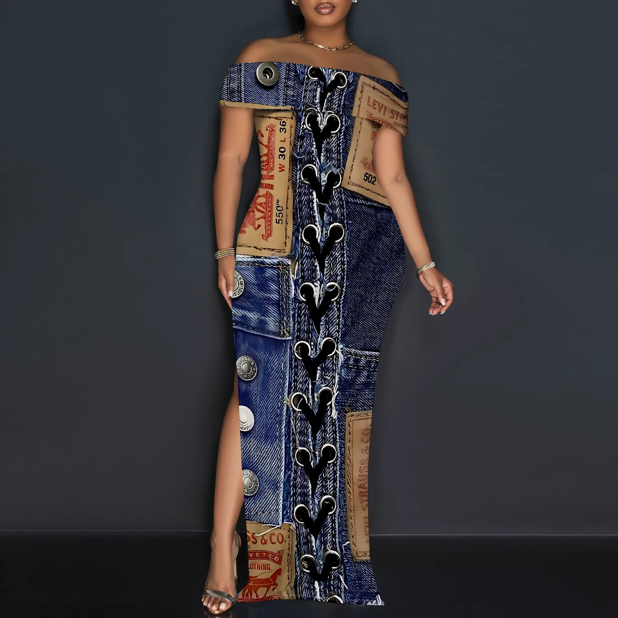 Women's Sexy Off Shoulder Bodycon Maxi Dresses Fashion Printed High Split Clubwear Party Long Dress Women's Sexy Off Shoulder Bodycon Maxi Dresses Fashion Printed High Split Clubwear Party Long Dress