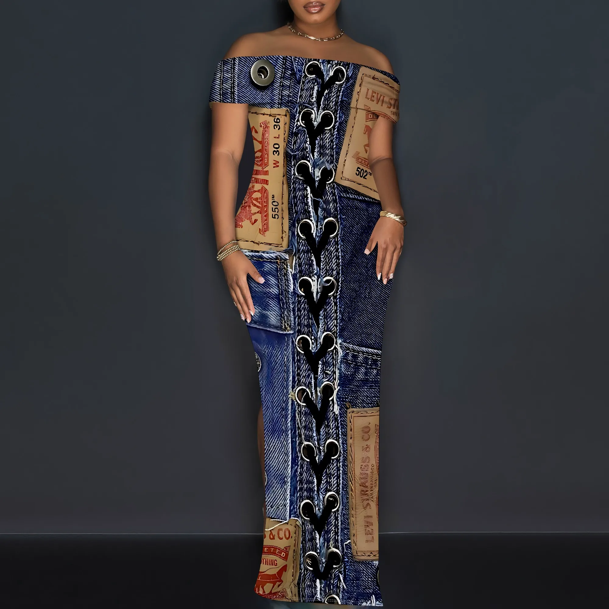 Women's Sexy Off Shoulder Bodycon Maxi Dresses Fashion Printed High Split Clubwear Party Long Dress Women's Sexy Off Shoulder Bodycon Maxi Dresses Fashion Printed High Split Clubwear Party Long Dress