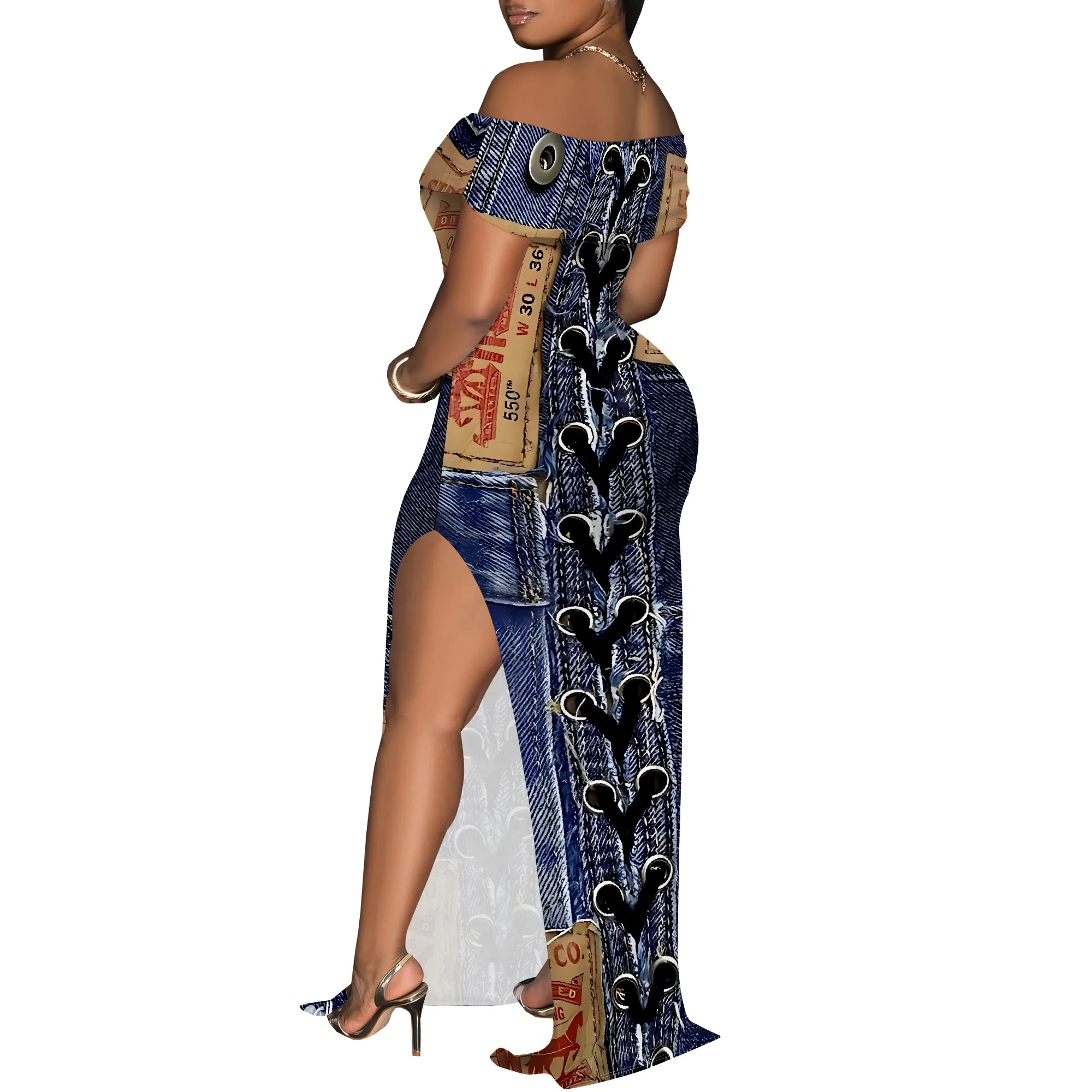 Women's Sexy Off Shoulder Bodycon Maxi Dresses Fashion Printed High Split Clubwear Party Long Dress Women's Sexy Off Shoulder Bodycon Maxi Dresses Fashion Printed High Split Clubwear Party Long Dress