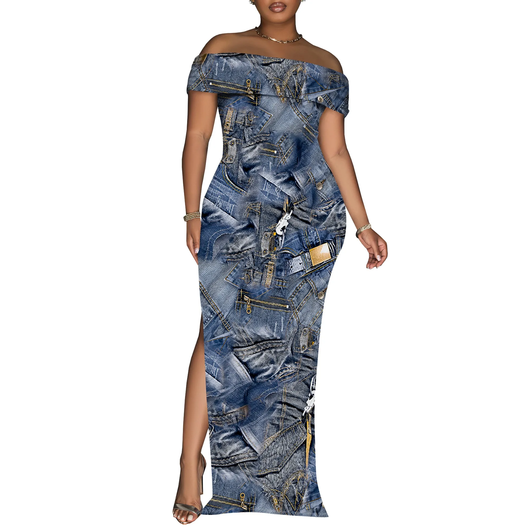 Women's Sexy Off Shoulder Bodycon Maxi Dresses Fashion Printed High Split Clubwear Party Long Dress Women's Sexy Off Shoulder Bodycon Maxi Dresses Fashion Printed High Split Clubwear Party Long Dress