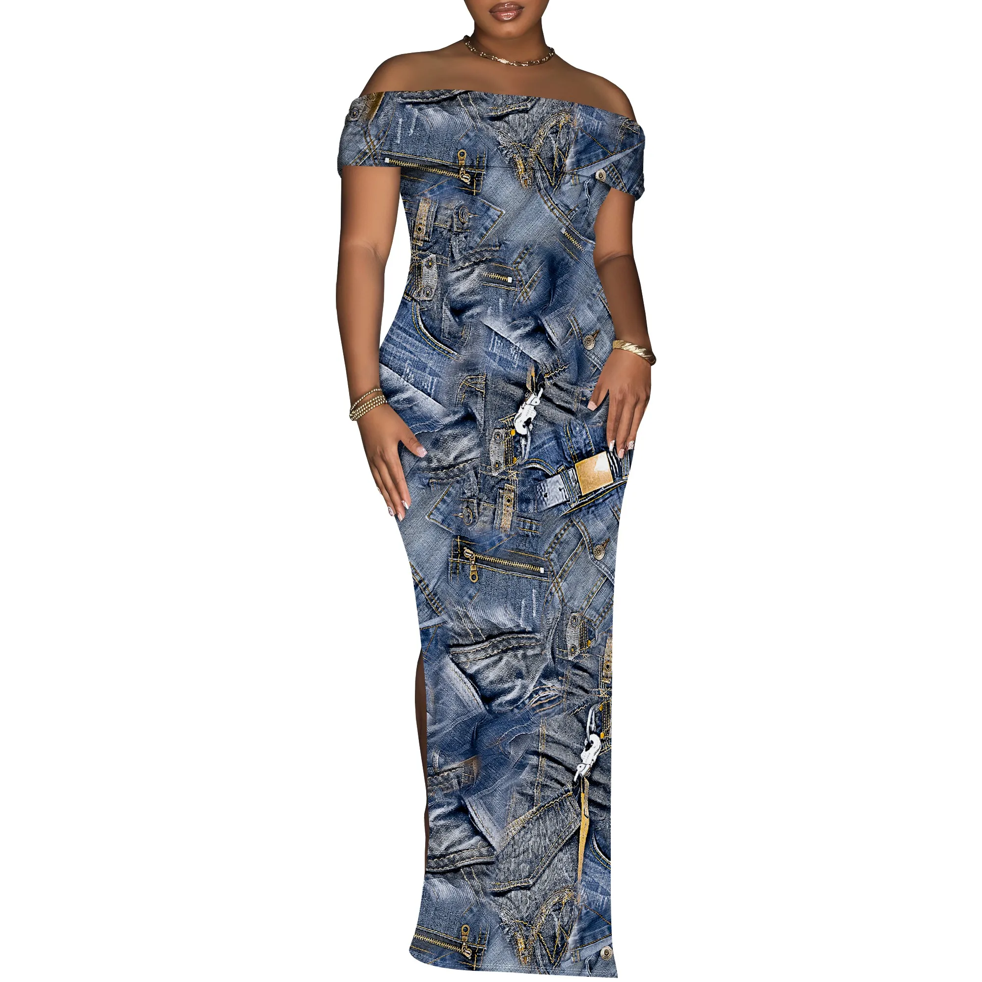 Women's Sexy Off Shoulder Bodycon Maxi Dresses Fashion Printed High Split Clubwear Party Long Dress Women's Sexy Off Shoulder Bodycon Maxi Dresses Fashion Printed High Split Clubwear Party Long Dress