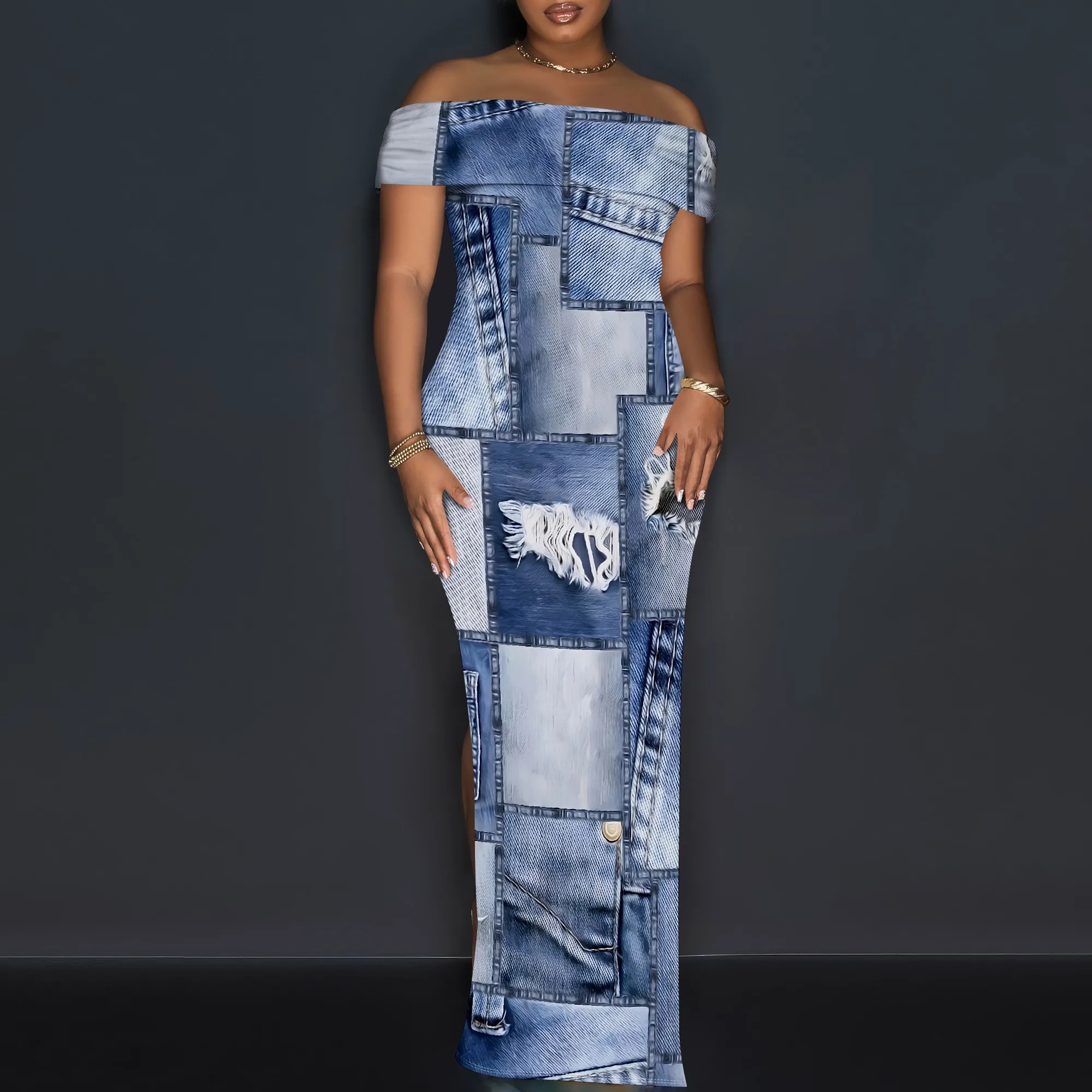 Women's Sexy Off Shoulder Bodycon Maxi Dresses Fashion Printed High Split Clubwear Party Long Dress Women's Sexy Off Shoulder Bodycon Maxi Dresses Fashion Printed High Split Clubwear Party Long Dress