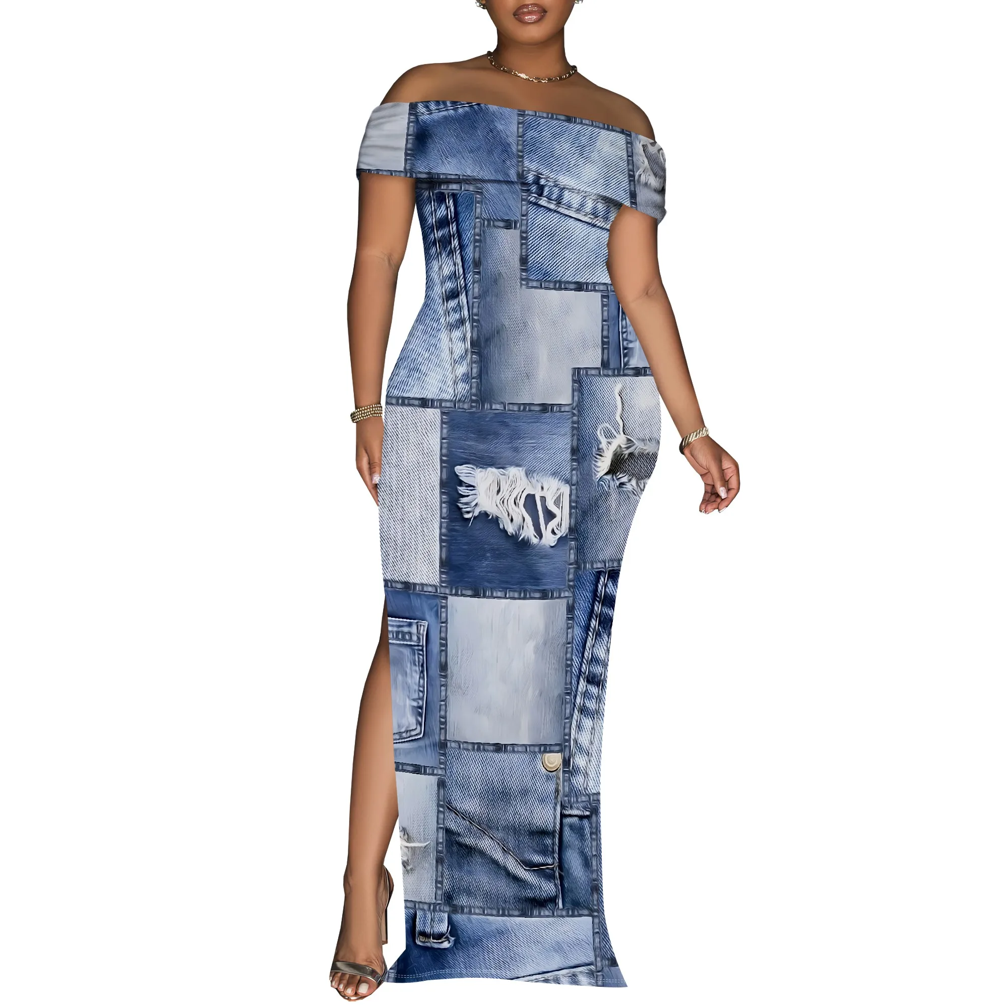 Women's Sexy Off Shoulder Bodycon Maxi Dresses Fashion Printed High Split Clubwear Party Long Dress Women's Sexy Off Shoulder Bodycon Maxi Dresses Fashion Printed High Split Clubwear Party Long Dress