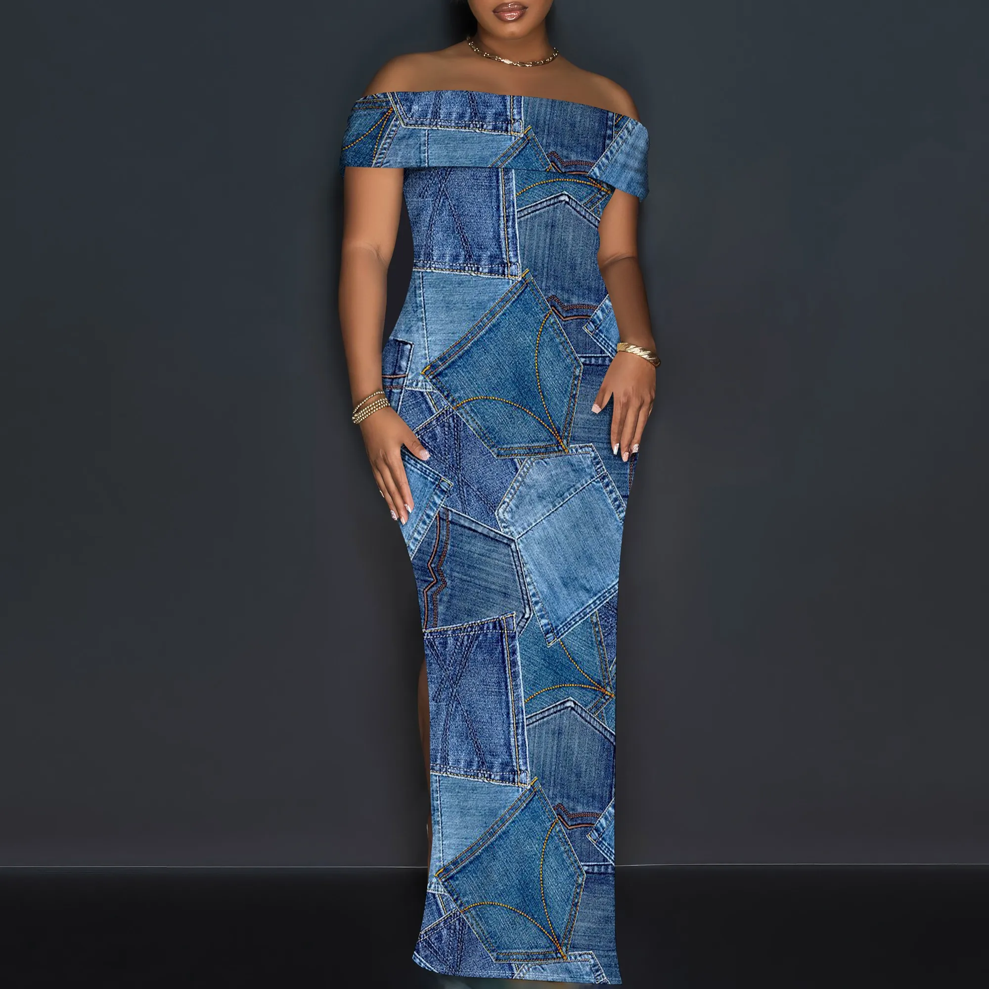 Women's Sexy Off Shoulder Bodycon Maxi Dresses Fashion Printed High Split Clubwear Party Long Dress Women's Sexy Off Shoulder Bodycon Maxi Dresses Fashion Printed High Split Clubwear Party Long Dress