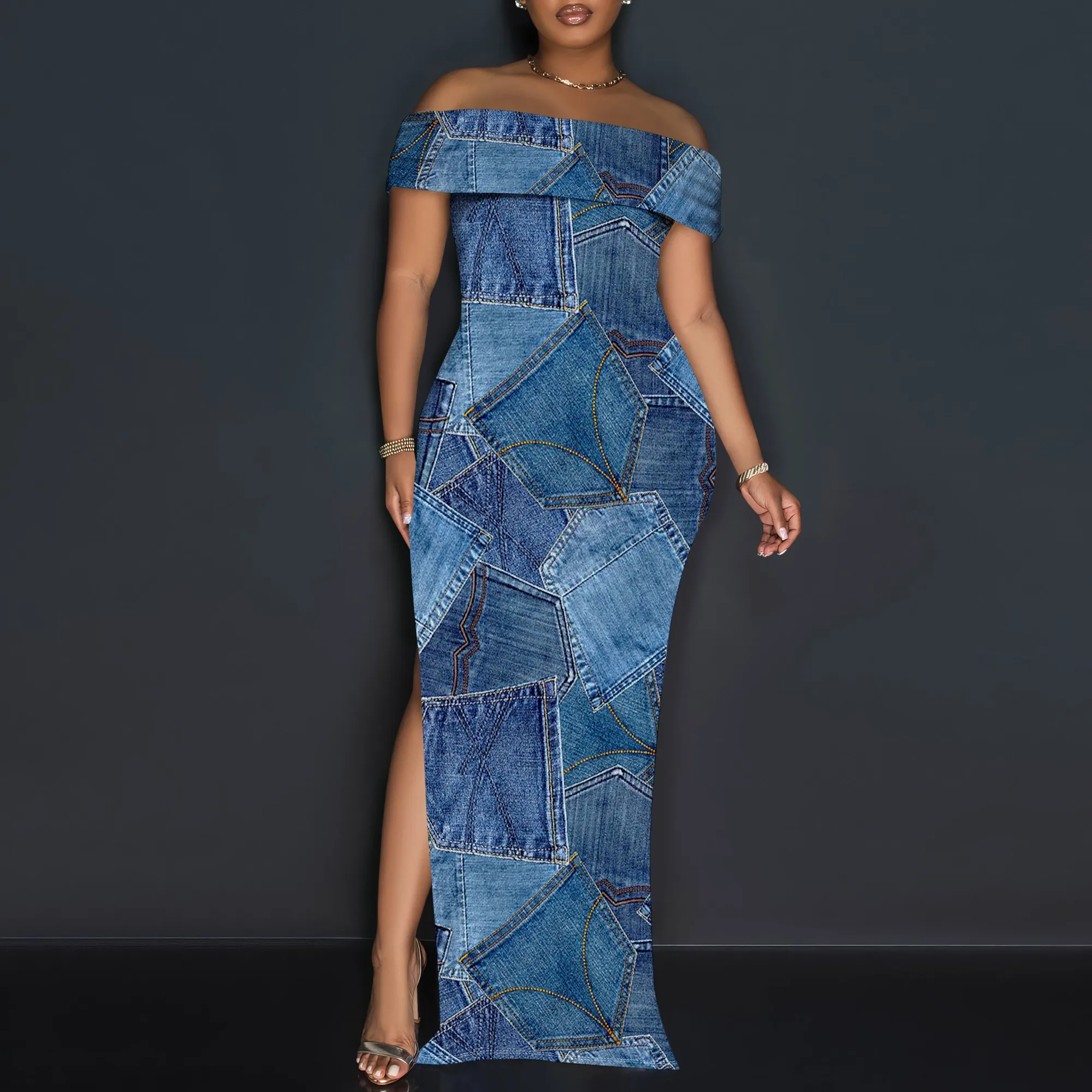 Women's Sexy Off Shoulder Bodycon Maxi Dresses Fashion Printed High Split Clubwear Party Long Dress Women's Sexy Off Shoulder Bodycon Maxi Dresses Fashion Printed High Split Clubwear Party Long Dress