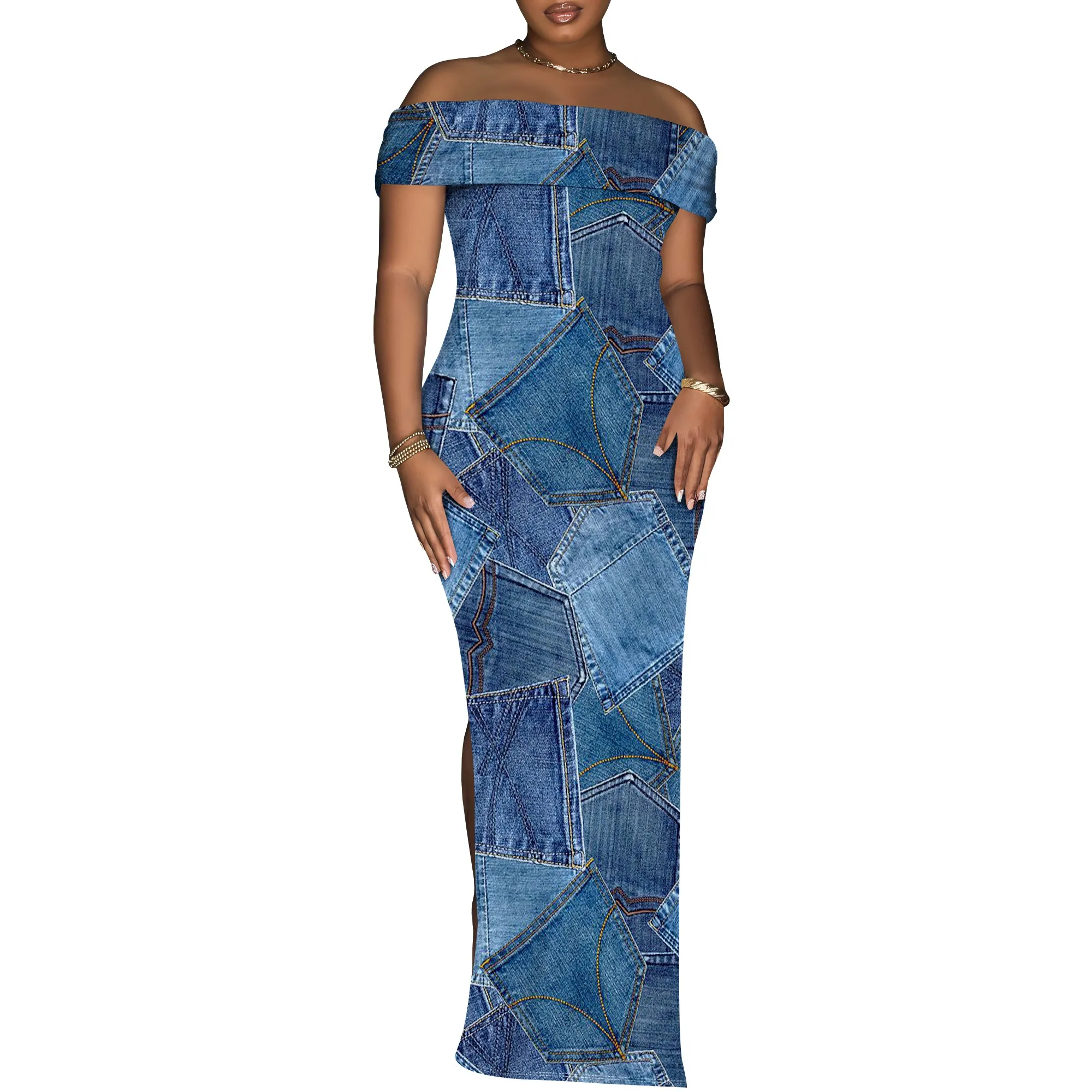 Women's Sexy Off Shoulder Bodycon Maxi Dresses Fashion Printed High Split Clubwear Party Long Dress Women's Sexy Off Shoulder Bodycon Maxi Dresses Fashion Printed High Split Clubwear Party Long Dress