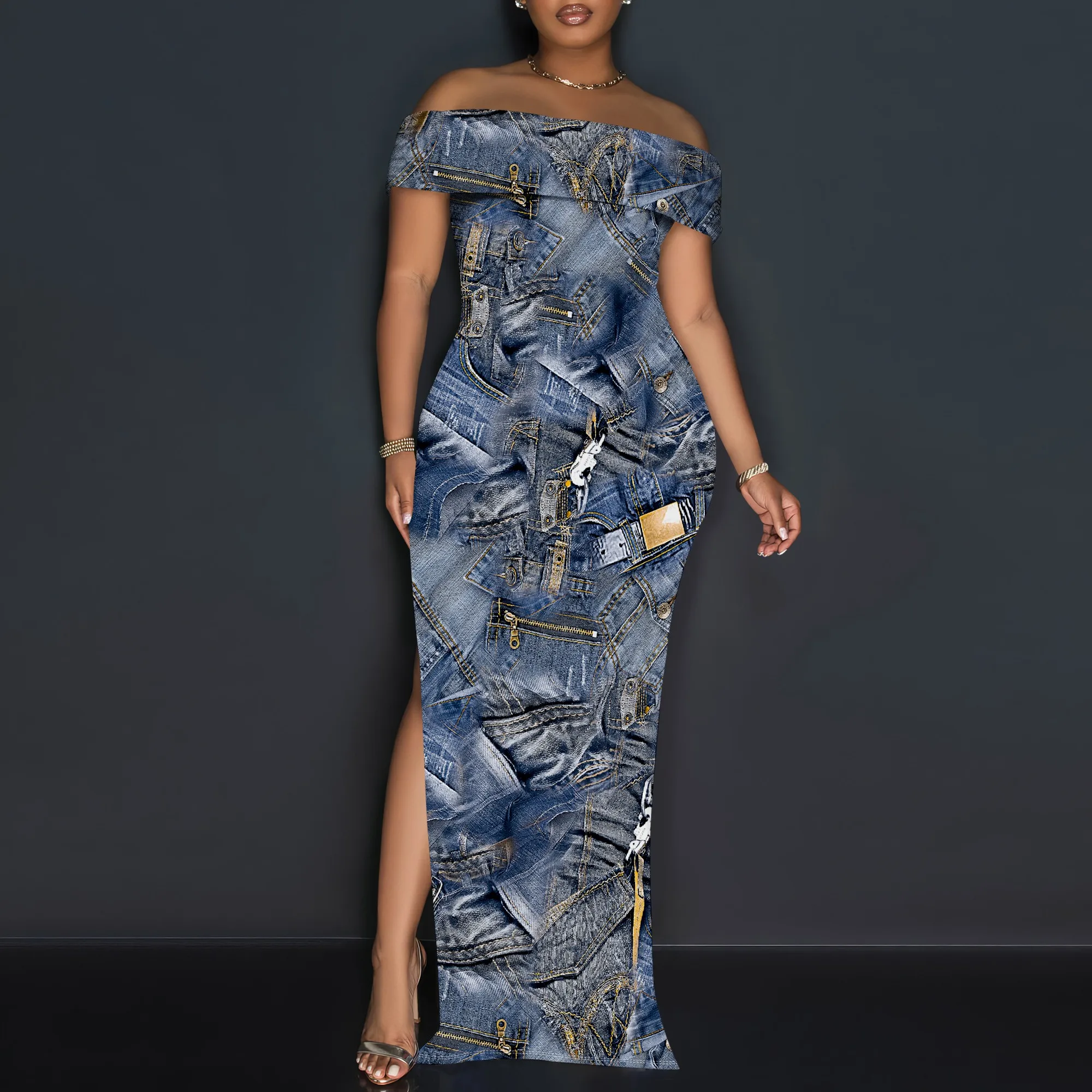 Women's Sexy Off Shoulder Bodycon Maxi Dresses Fashion Printed High Split Clubwear Party Long Dress Women's Sexy Off Shoulder Bodycon Maxi Dresses Fashion Printed High Split Clubwear Party Long Dress