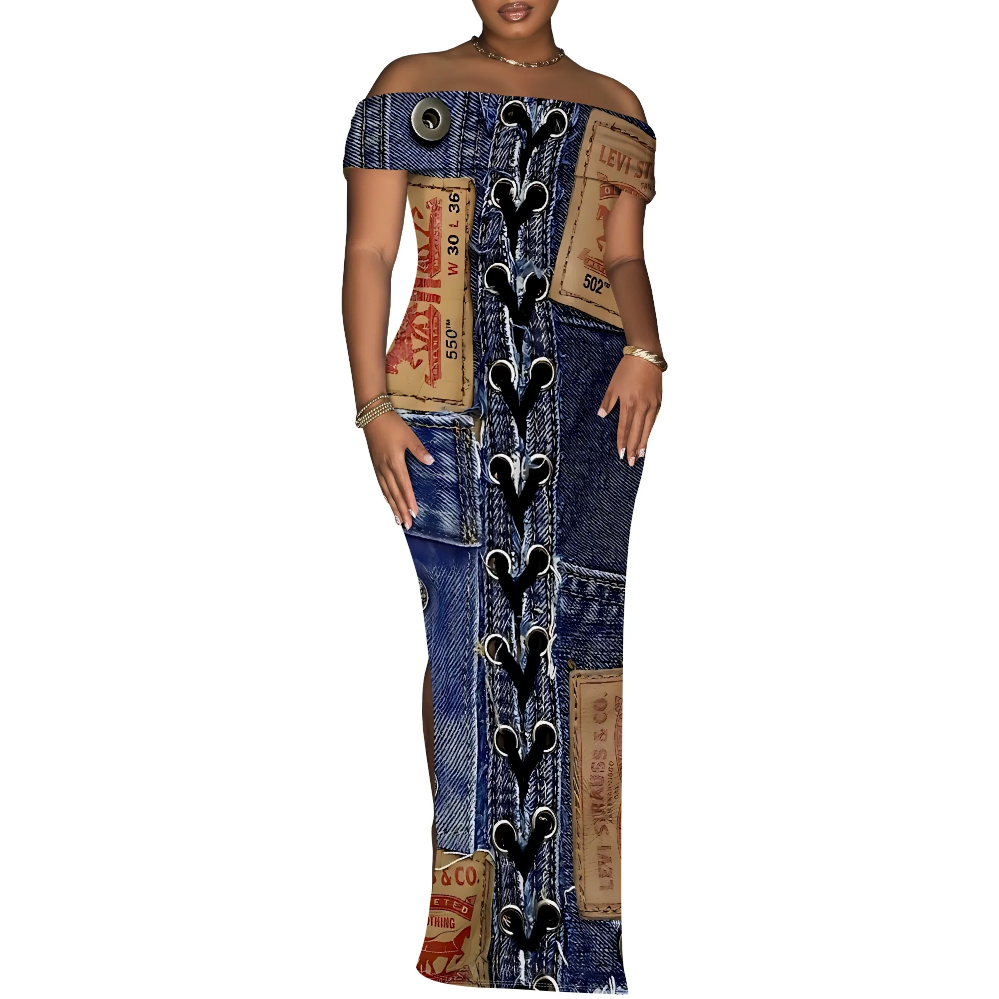 Women's Sexy Off Shoulder Bodycon Maxi Dresses Fashion Printed High Split Clubwear Party Long Dress Women's Sexy Off Shoulder Bodycon Maxi Dresses Fashion Printed High Split Clubwear Party Long Dress