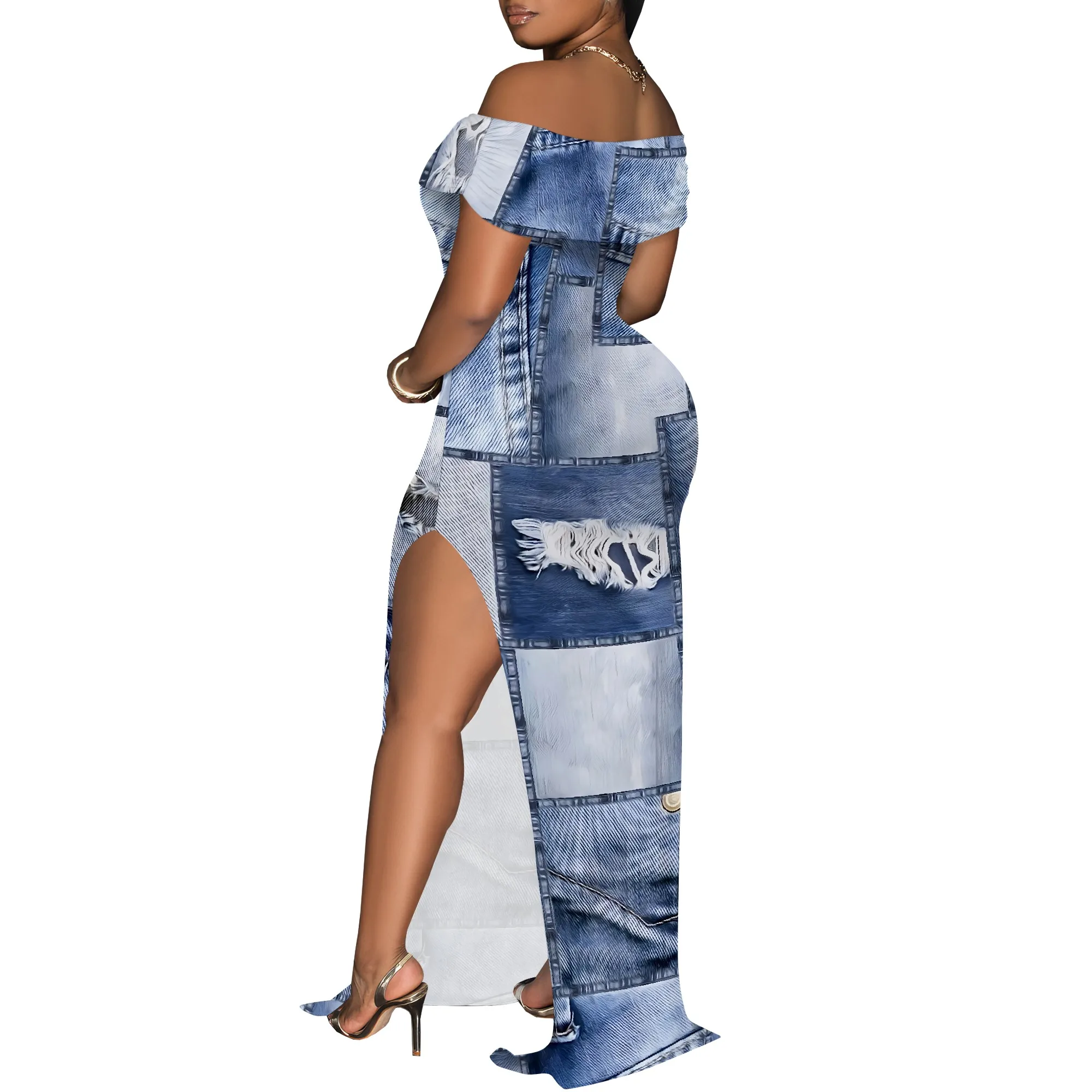 Women's Sexy Off Shoulder Bodycon Maxi Dresses Fashion Printed High Split Clubwear Party Long Dress Women's Sexy Off Shoulder Bodycon Maxi Dresses Fashion Printed High Split Clubwear Party Long Dress