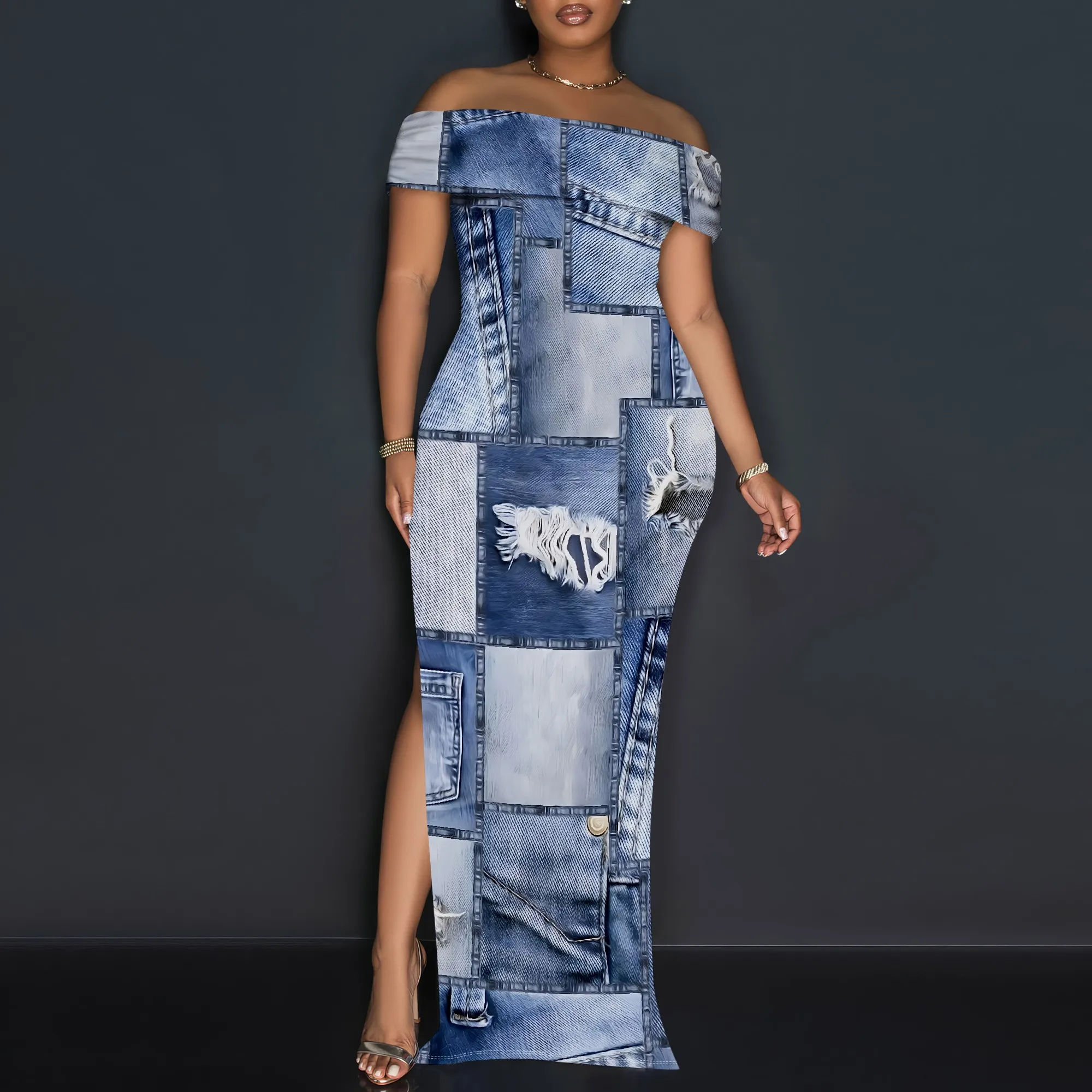 Women’s Sexy Off Shoulder Bodycon Maxi Dresses Fashion Printed High Split Clubwear Party Long Dress Women's Sexy Off Shoulder Bodycon Maxi Dresses Fashion Printed High Split Clubwear Party Long Dress
