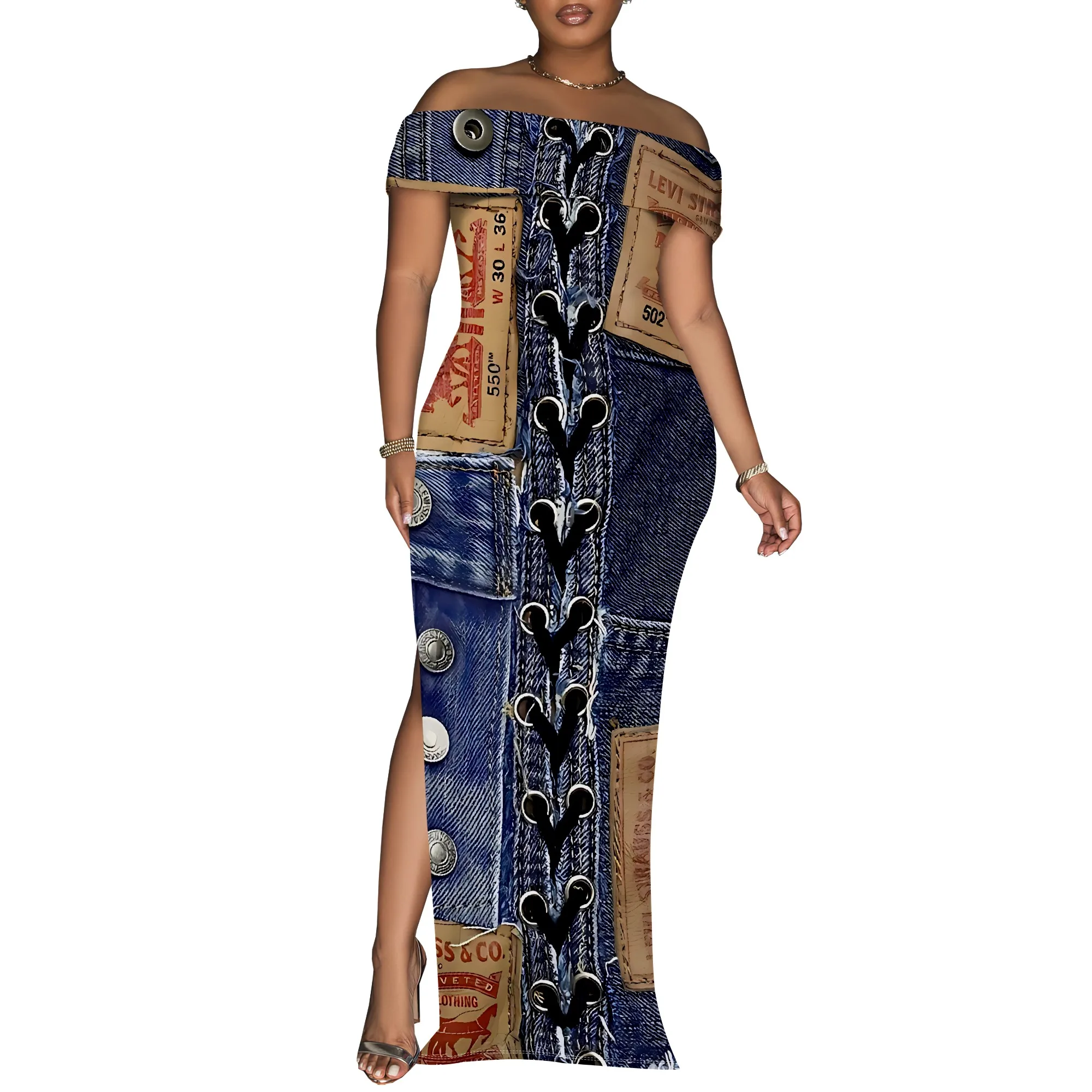Women's Sexy Off Shoulder Bodycon Maxi Dresses Fashion Printed High Split Clubwear Party Long Dress Women's Sexy Off Shoulder Bodycon Maxi Dresses Fashion Printed High Split Clubwear Party Long Dress
