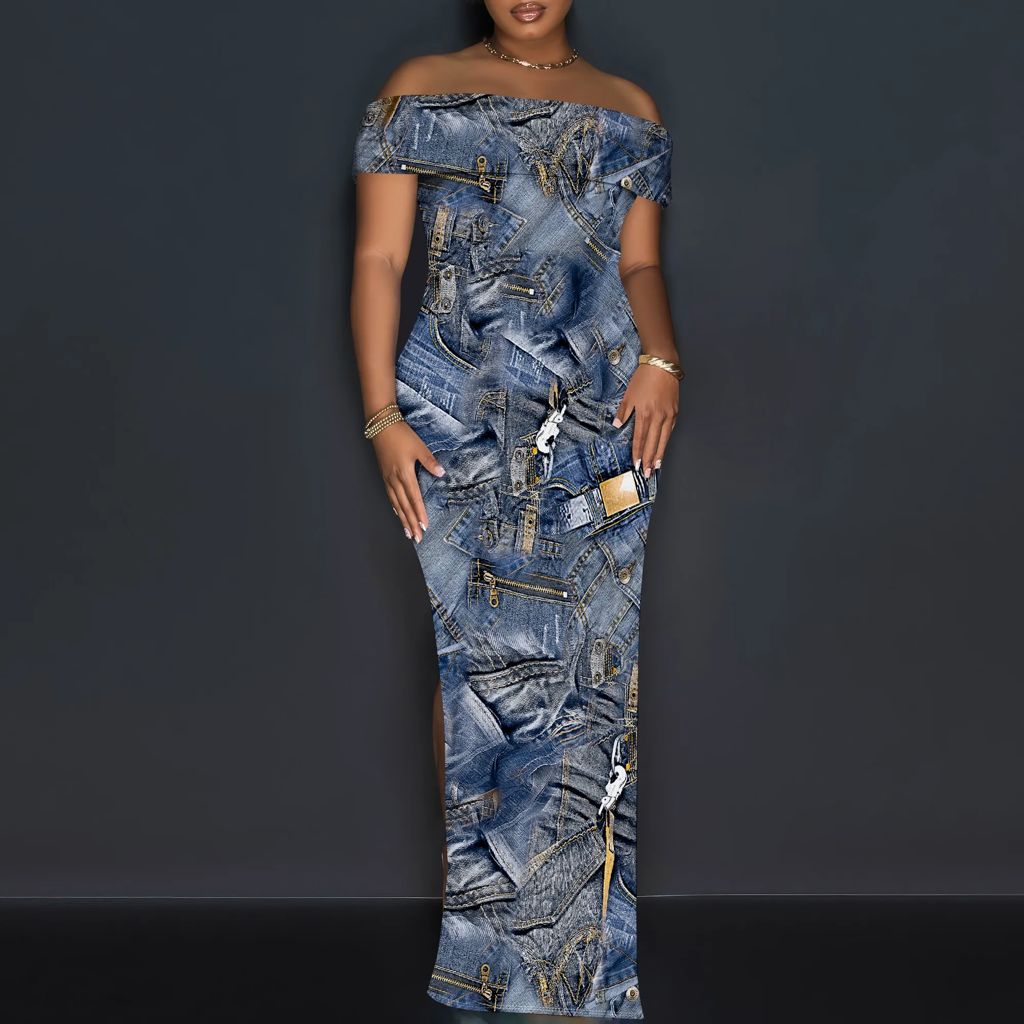 Women's Sexy Off Shoulder Bodycon Maxi Dresses Fashion Printed High Split Clubwear Party Long Dress Women's Sexy Off Shoulder Bodycon Maxi Dresses Fashion Printed High Split Clubwear Party Long Dress