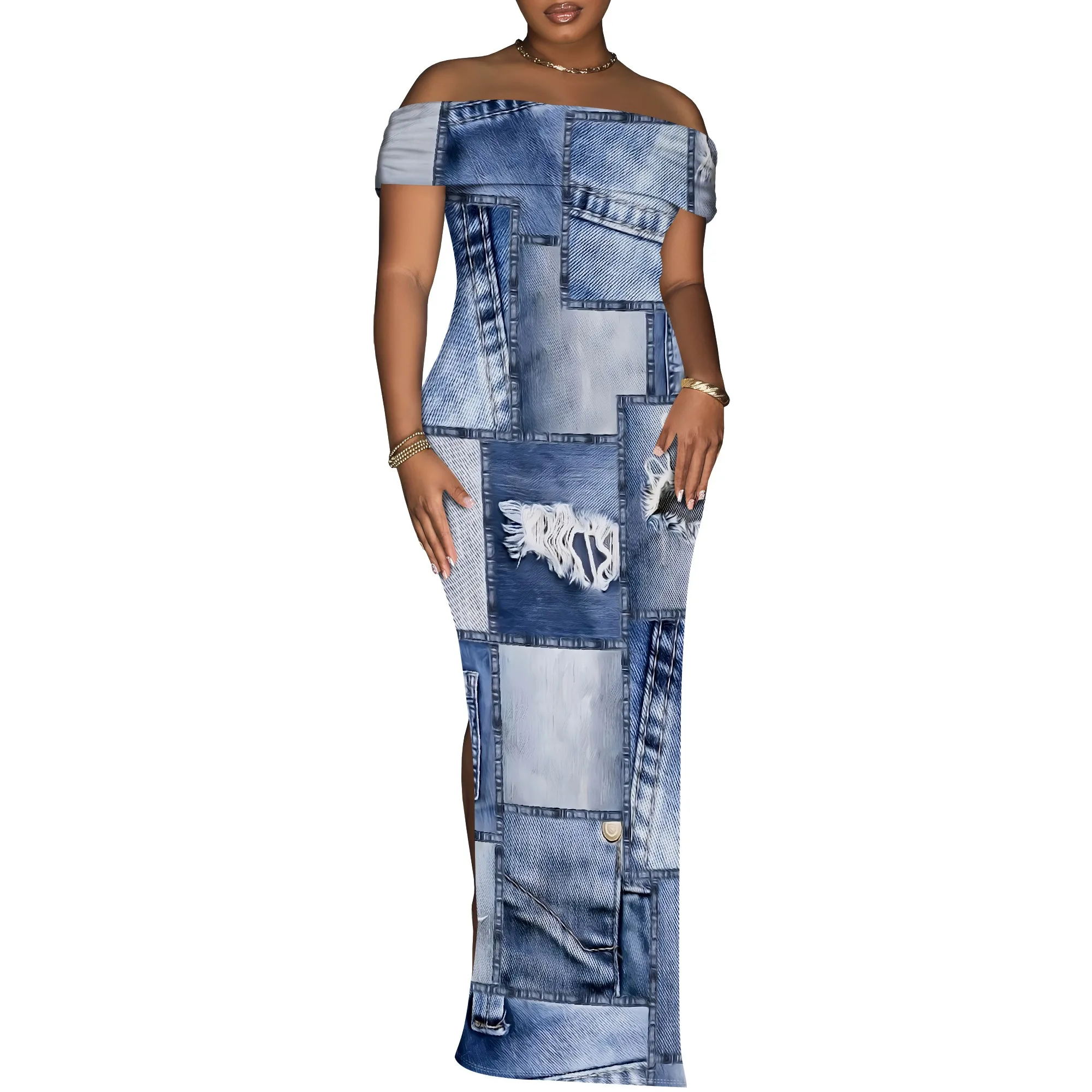 Women’s Sexy Off Shoulder Bodycon Maxi Dresses Fashion Printed High Split Clubwear Party Long Dress Women's Sexy Off Shoulder Bodycon Maxi Dresses Fashion Printed High Split Clubwear Party Long Dress