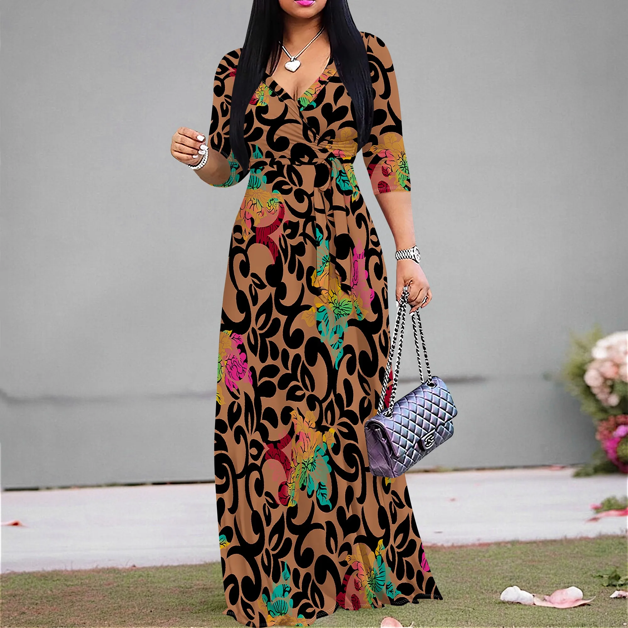 Maxi Dress for Women Casual Sundress V-Neck 3/4 Sleeve Plus Size