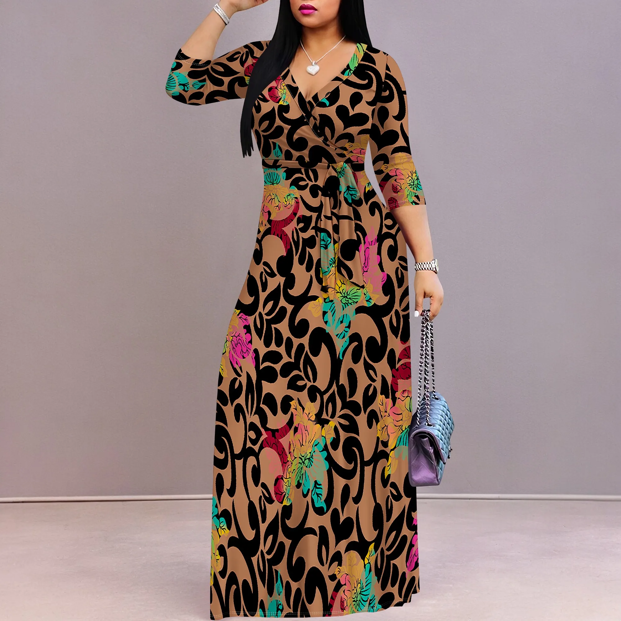 Maxi Dress for Women Casual Sundress V-Neck 3/4 Sleeve Plus Size