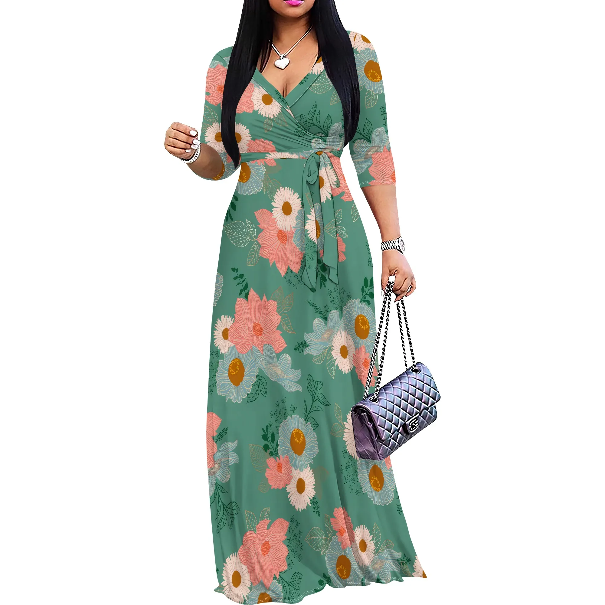 Maxi Dress for Women Casual Sundress V-Neck 3/4 Sleeve Plus Size