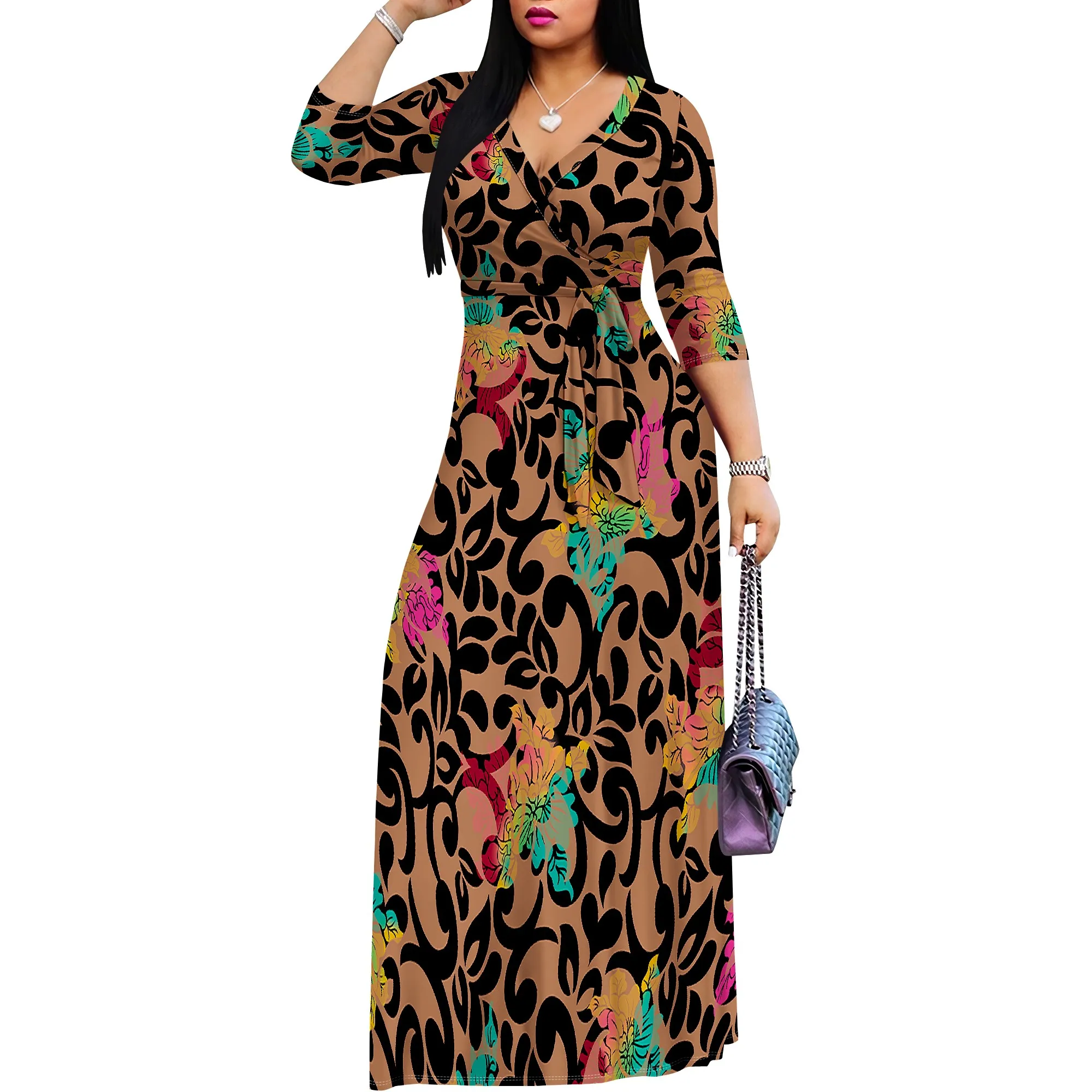 Maxi Dress for Women Casual Sundress V-Neck 3/4 Sleeve Plus Size