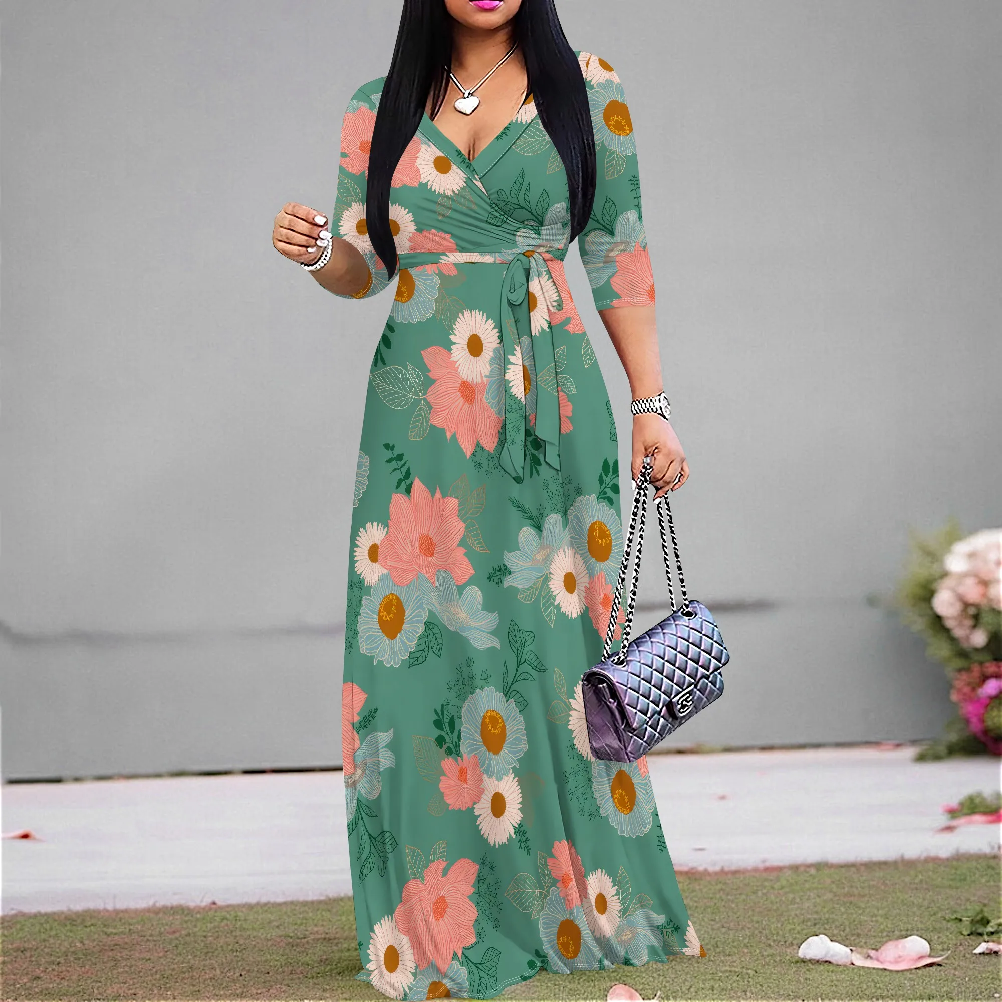 Maxi Dress for Women Casual Sundress V-Neck 3/4 Sleeve Plus Size