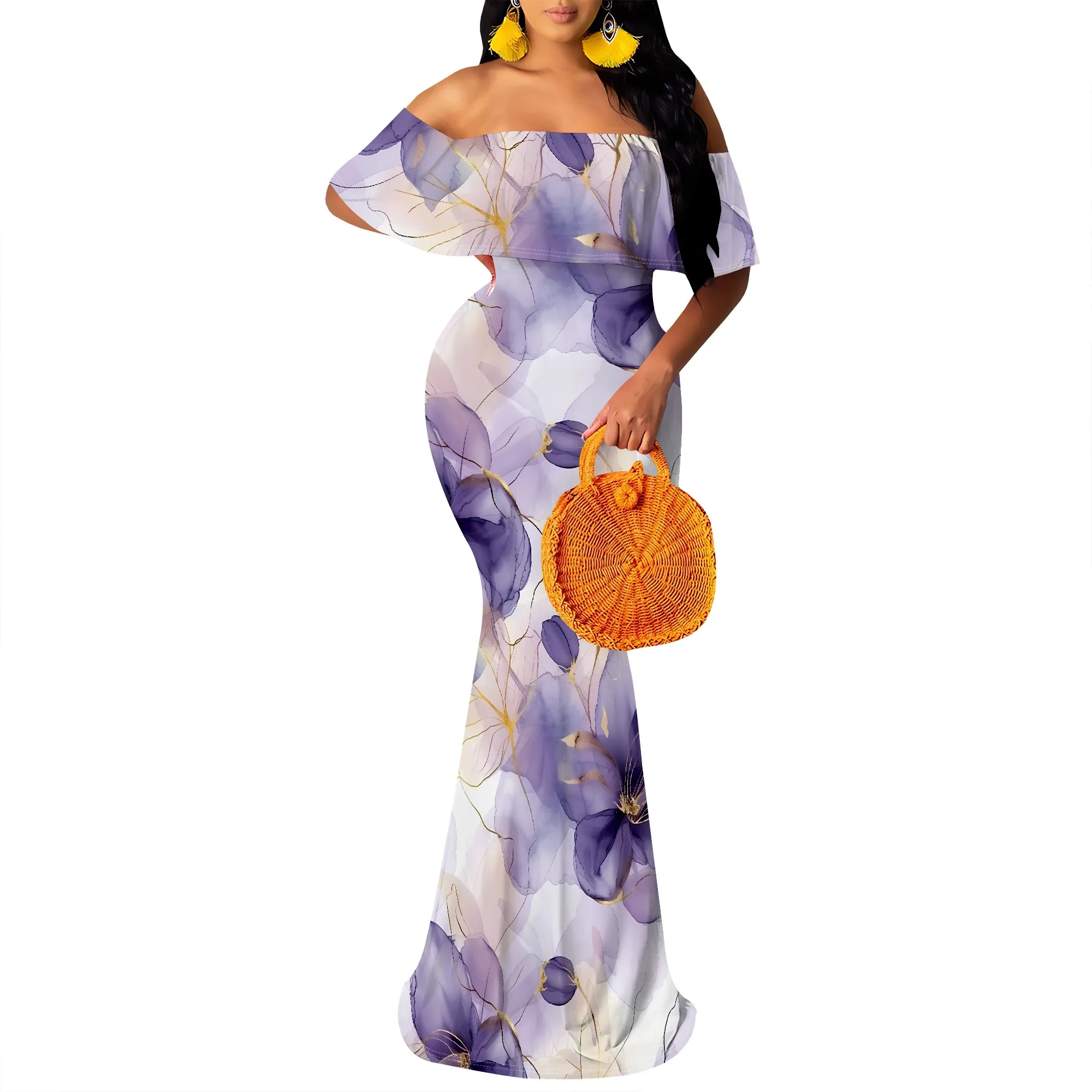 Women's Sexy Summer Off Shoulder Maxi Dress Floral Ruffle Evening Party Long Dress Women's Sexy Summer Off Shoulder Maxi Dress Floral Ruffle Evening Party Long Dress