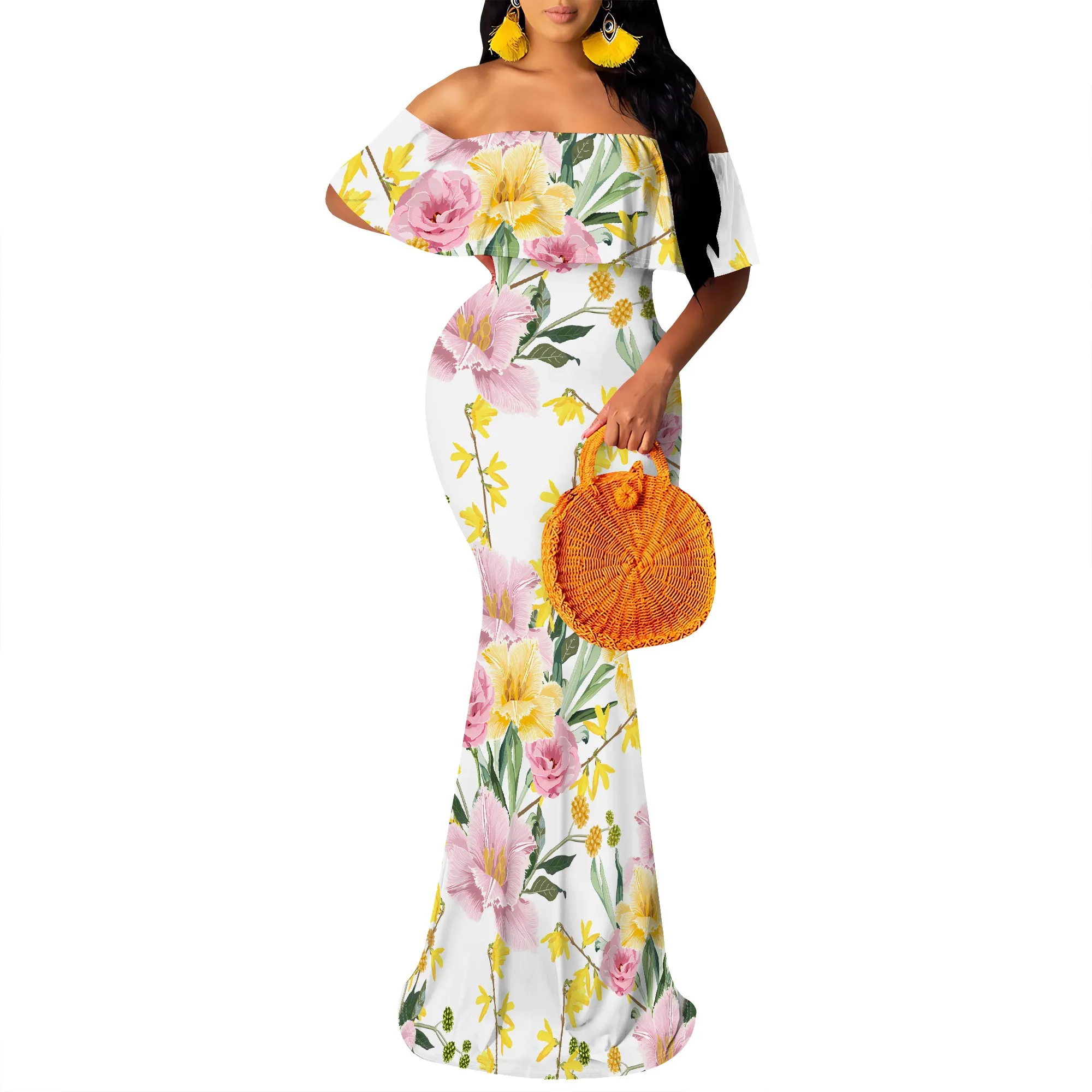 Women's Sexy Summer Off Shoulder Maxi Dress Floral Ruffle Evening Party Long Dress Women's Sexy Summer Off Shoulder Maxi Dress Floral Ruffle Evening Party Long Dress