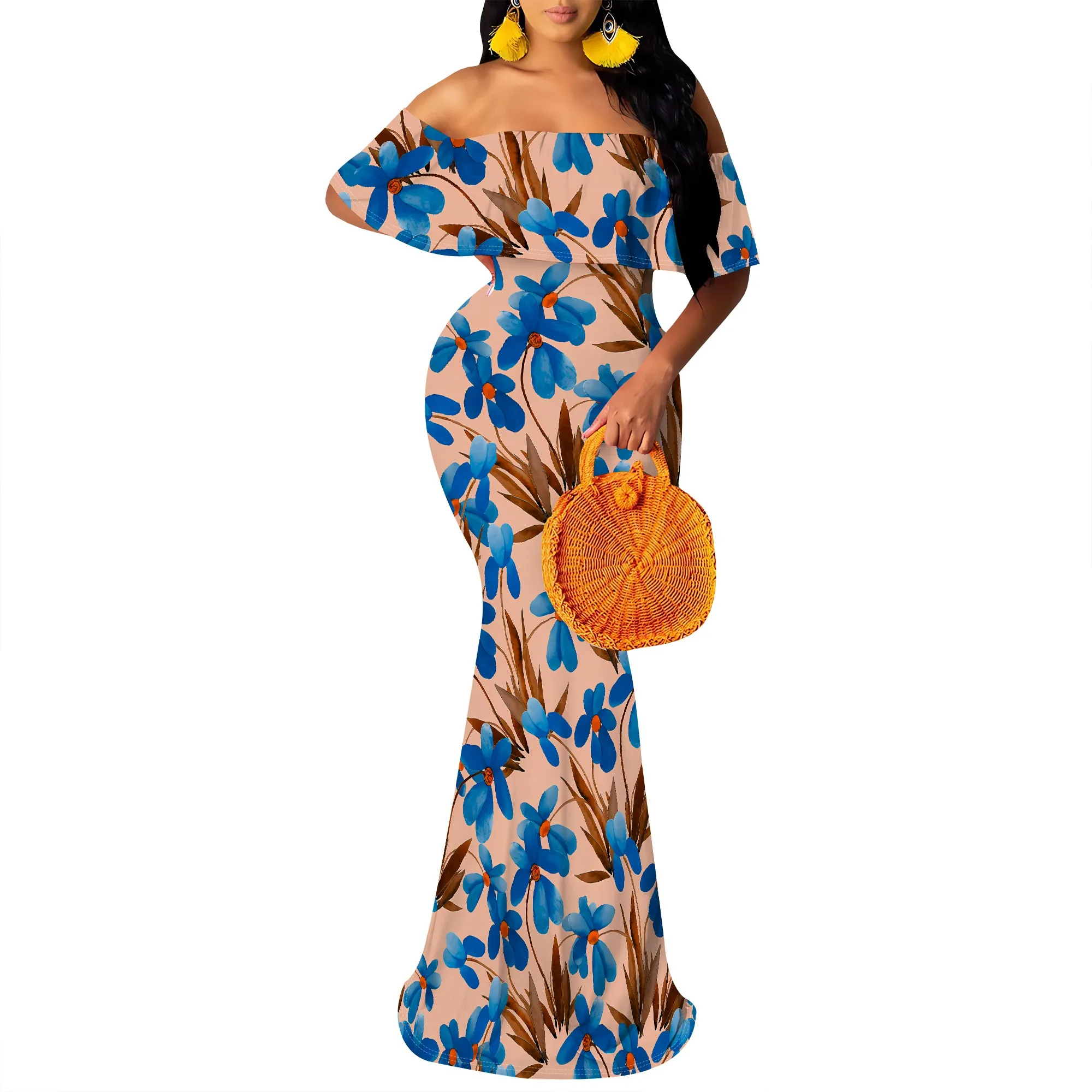 Women's Sexy Summer Off Shoulder Maxi Dress Floral Ruffle Evening Party Long Dress Women's Sexy Summer Off Shoulder Maxi Dress Floral Ruffle Evening Party Long Dress