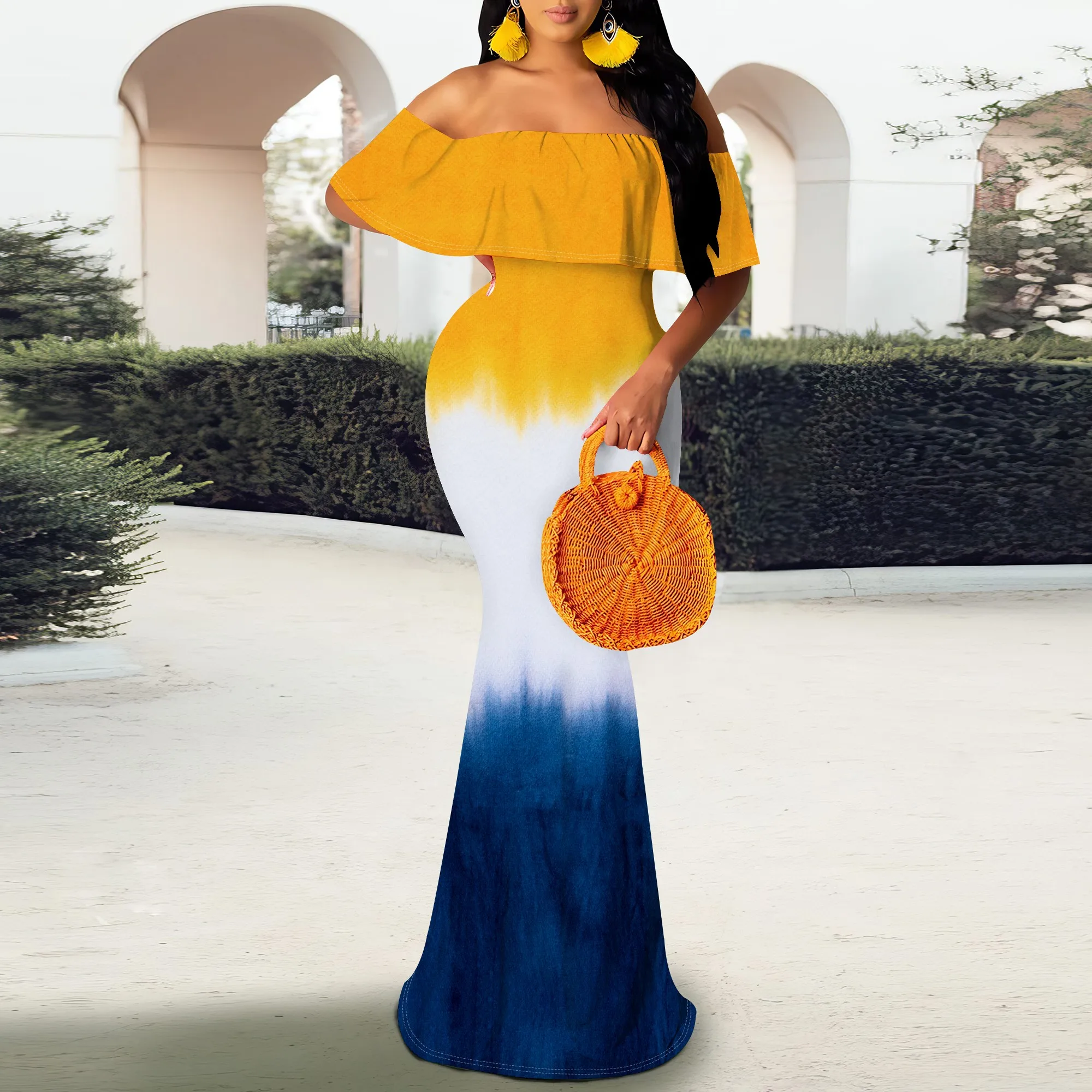 Women's Sexy Summer Off Shoulder Maxi Dress Floral Ruffle Evening Party Long Dress Women's Sexy Summer Off Shoulder Maxi Dress Floral Ruffle Evening Party Long Dress