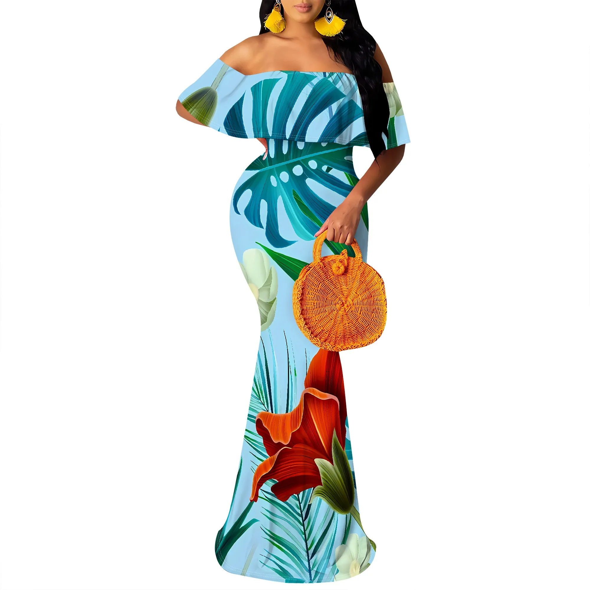 Women’s Sexy Summer Off Shoulder Maxi Dress Floral Ruffle Evening Party Long Dress Women's Sexy Summer Off Shoulder Maxi Dress Floral Ruffle Evening Party Long Dress