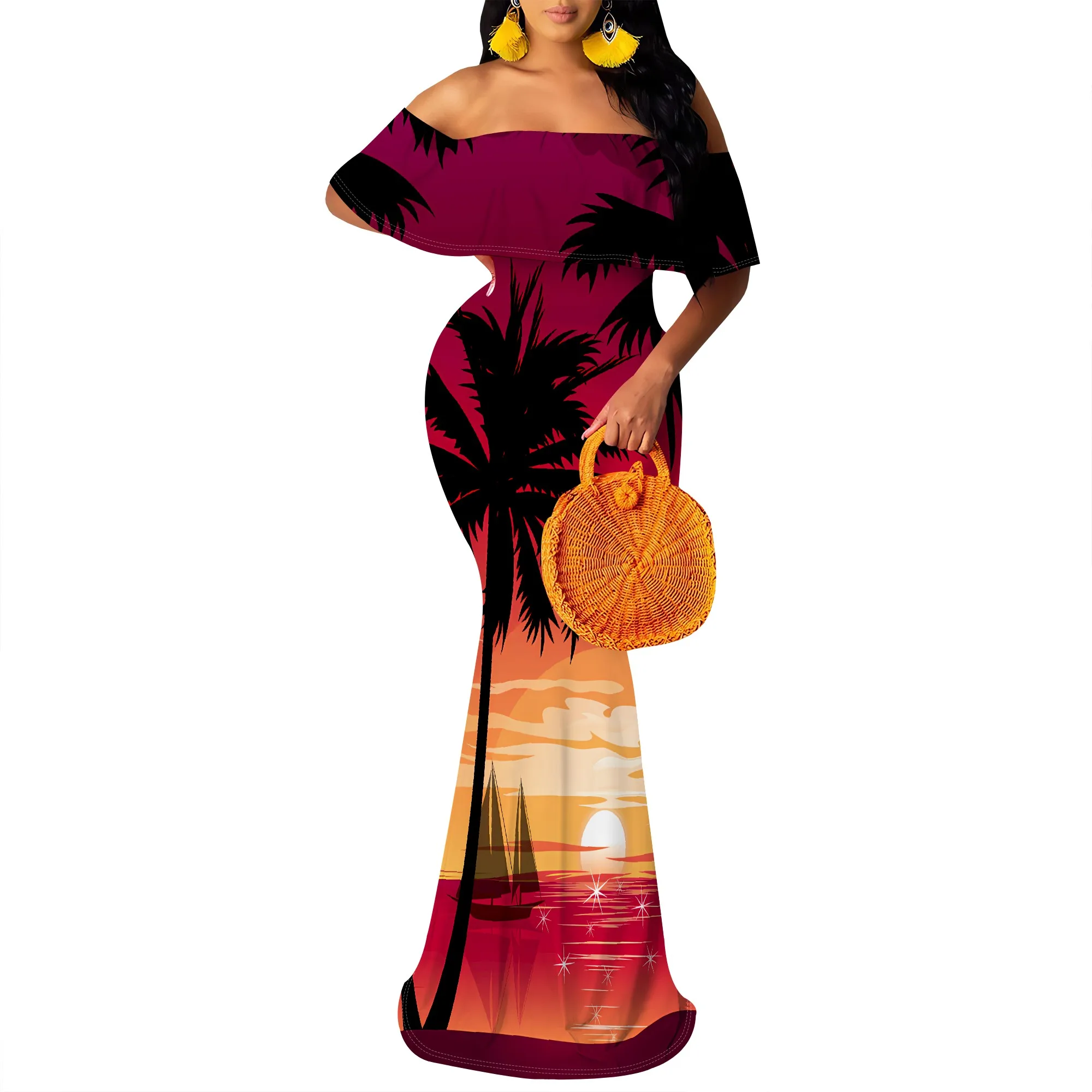 Women's Sexy Summer Off Shoulder Maxi Dress Floral Ruffle Evening Party Long Dress Women's Sexy Summer Off Shoulder Maxi Dress Floral Ruffle Evening Party Long Dress