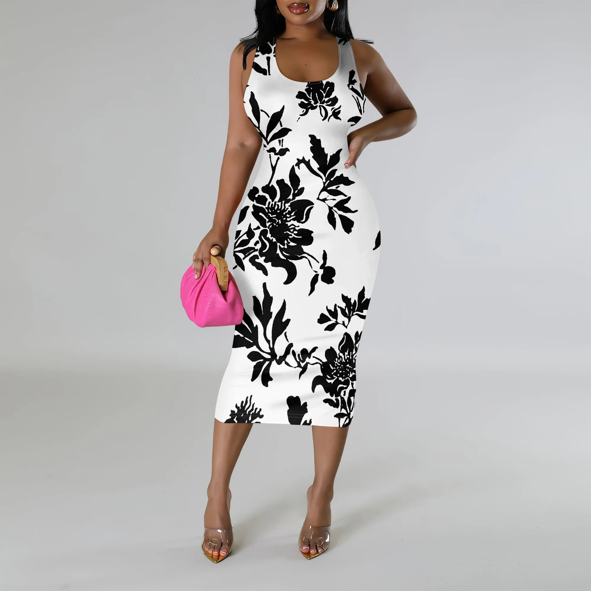 Monochrome Floral Bodycon Dress for Women Black White Sleeveless Elegant Summer Midi Monochrome Floral Bodycon Dress for Women Black White Sleeveless Elegant Summer Midi