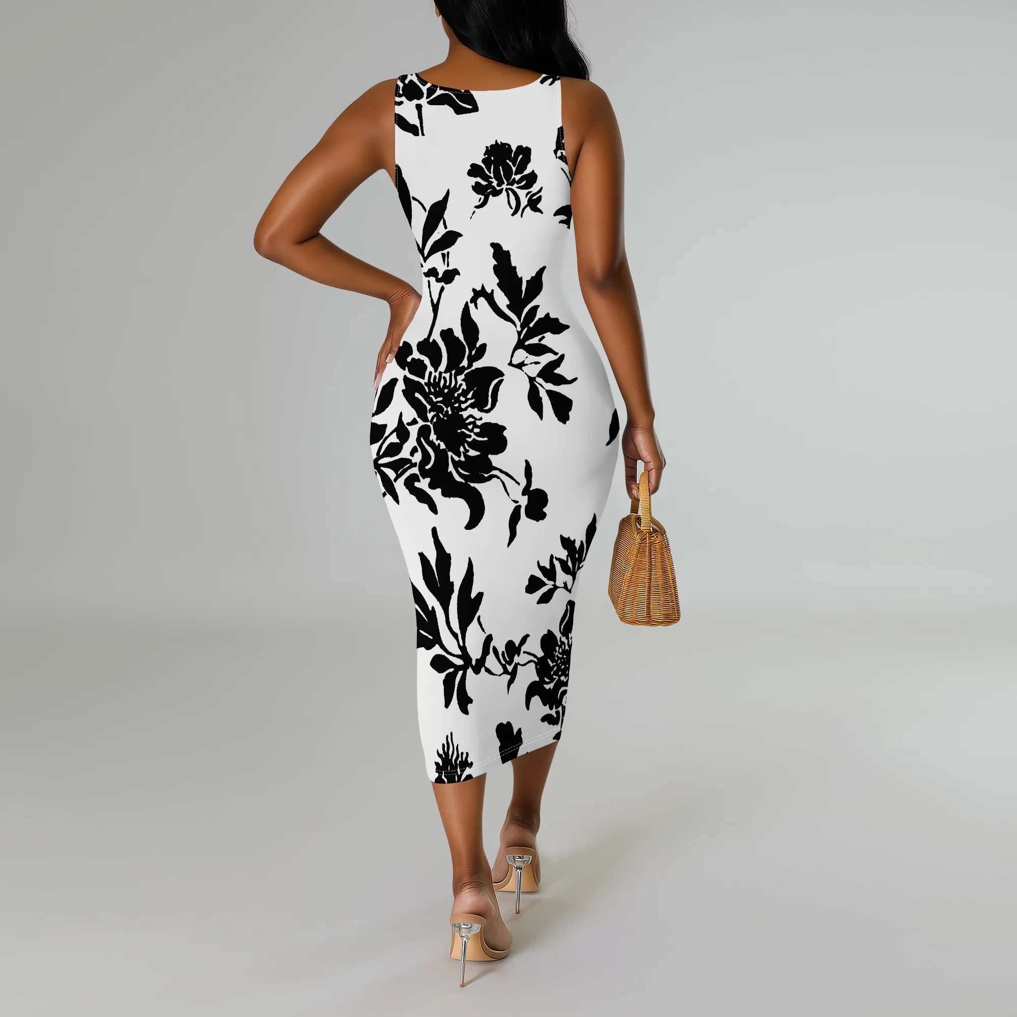 Monochrome Floral Bodycon Dress for Women Black White Sleeveless Elegant Summer Midi Monochrome Floral Bodycon Dress for Women Black White Sleeveless Elegant Summer Midi