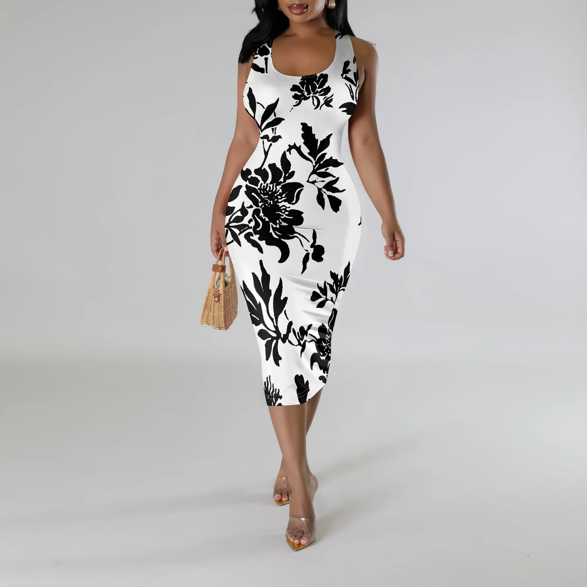 Monochrome Floral Bodycon Dress for Women Black White Sleeveless Elegant Summer Midi Monochrome Floral Bodycon Dress for Women Black White Sleeveless Elegant Summer Midi