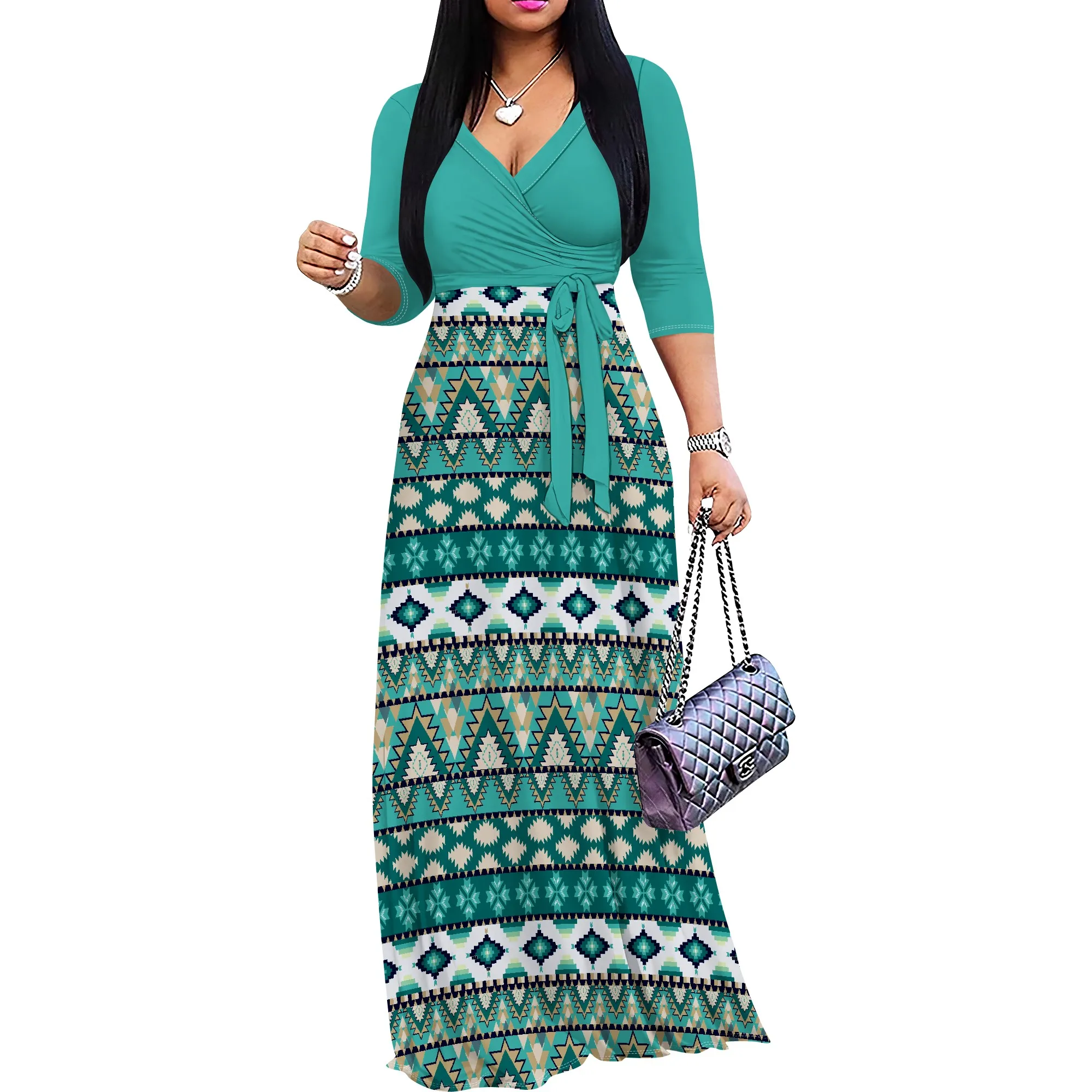 Women's Floral Print Maxi Dresses Summer with Pockets Casual 3 4 Sleeve V-Neck Wrap Tie Waist Long Dress