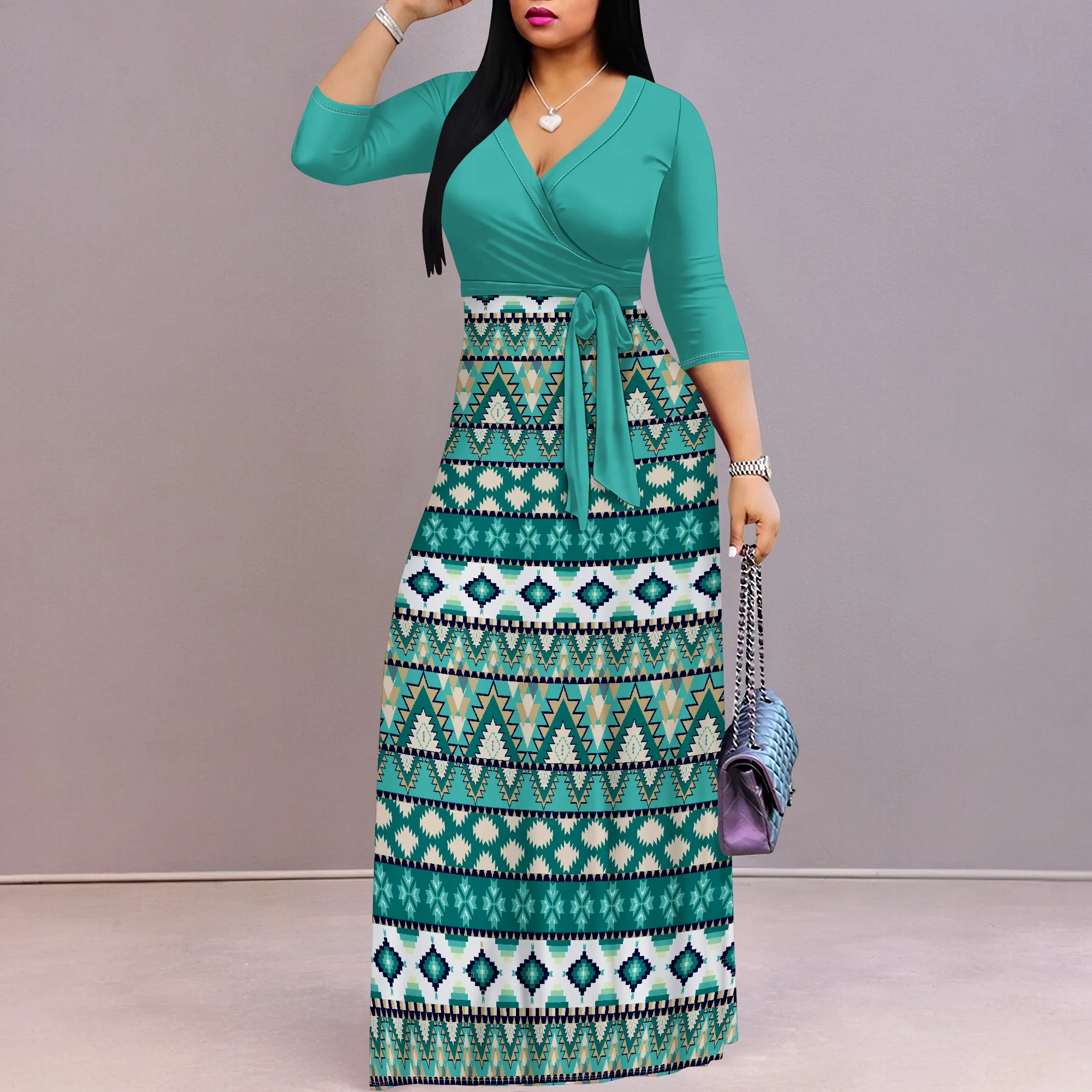 Women's Floral Print Maxi Dresses Summer with Pockets Casual 3 4 Sleeve V-Neck Wrap Tie Waist Long Dress