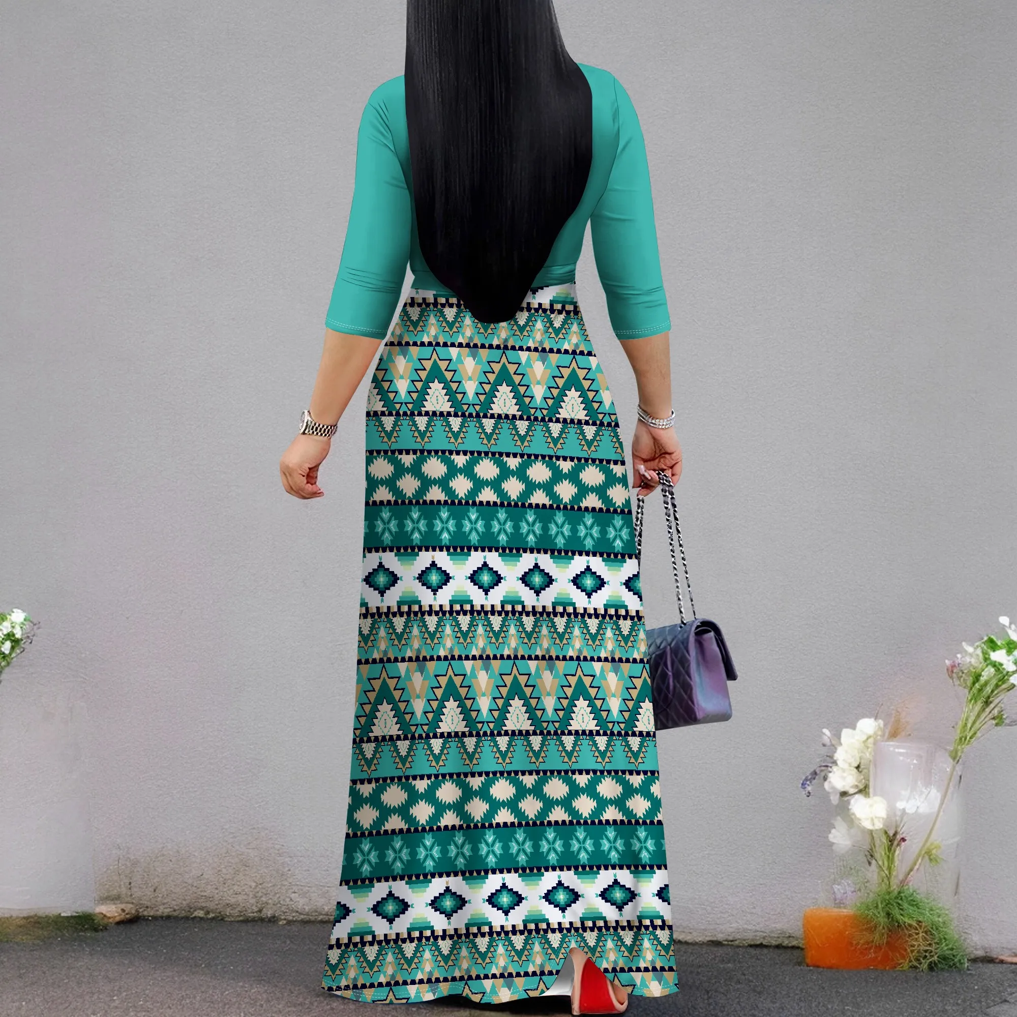 Women's Floral Print Maxi Dresses Summer with Pockets Casual 3 4 Sleeve V-Neck Wrap Tie Waist Long Dress