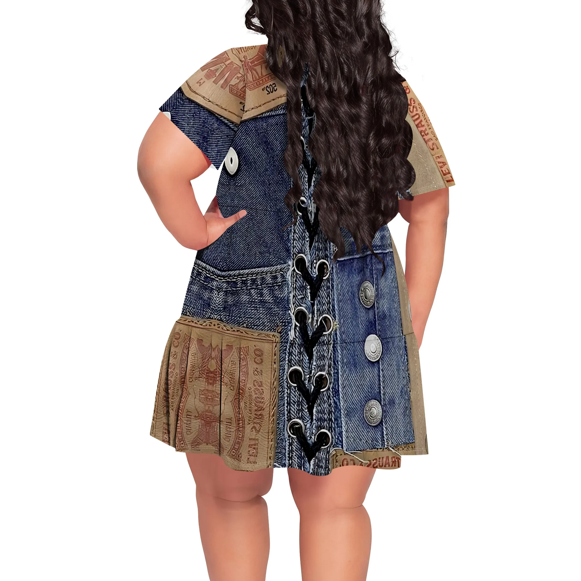 Denim Patchwork Lace-up V-neck Short Sleeve Dress – Women’s Vintage Rugged Casual Party Festival Summer Denim Patchwork Lace-up V-neck Short Sleeve Dress - Women's Vintage Rugged Casual Party Festival Summer