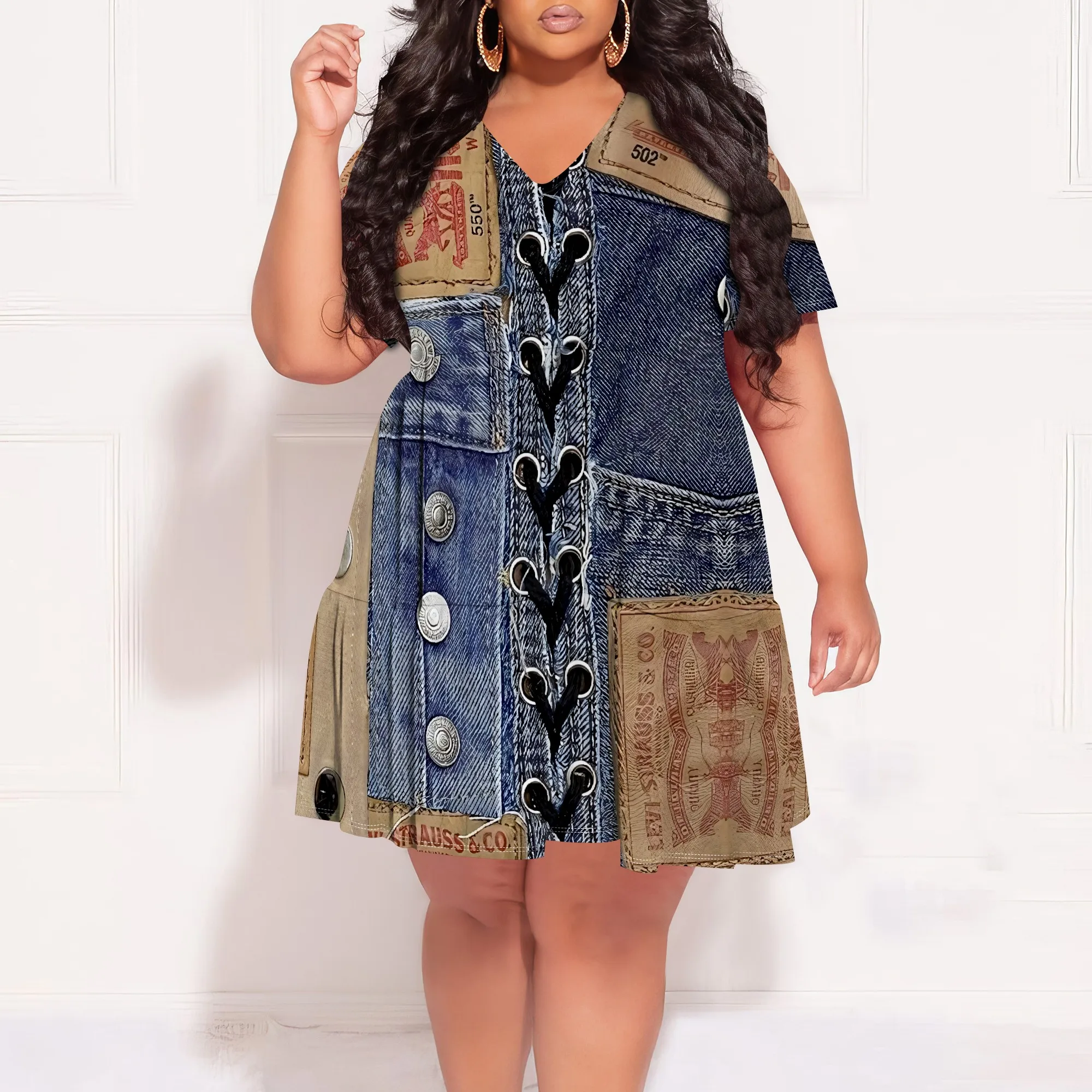 Denim Patchwork Lace-up V-neck Short Sleeve Dress - Women's Vintage Rugged Casual Party Festival Summer Denim Patchwork Lace-up V-neck Short Sleeve Dress - Women's Vintage Rugged Casual Party Festival Summer
