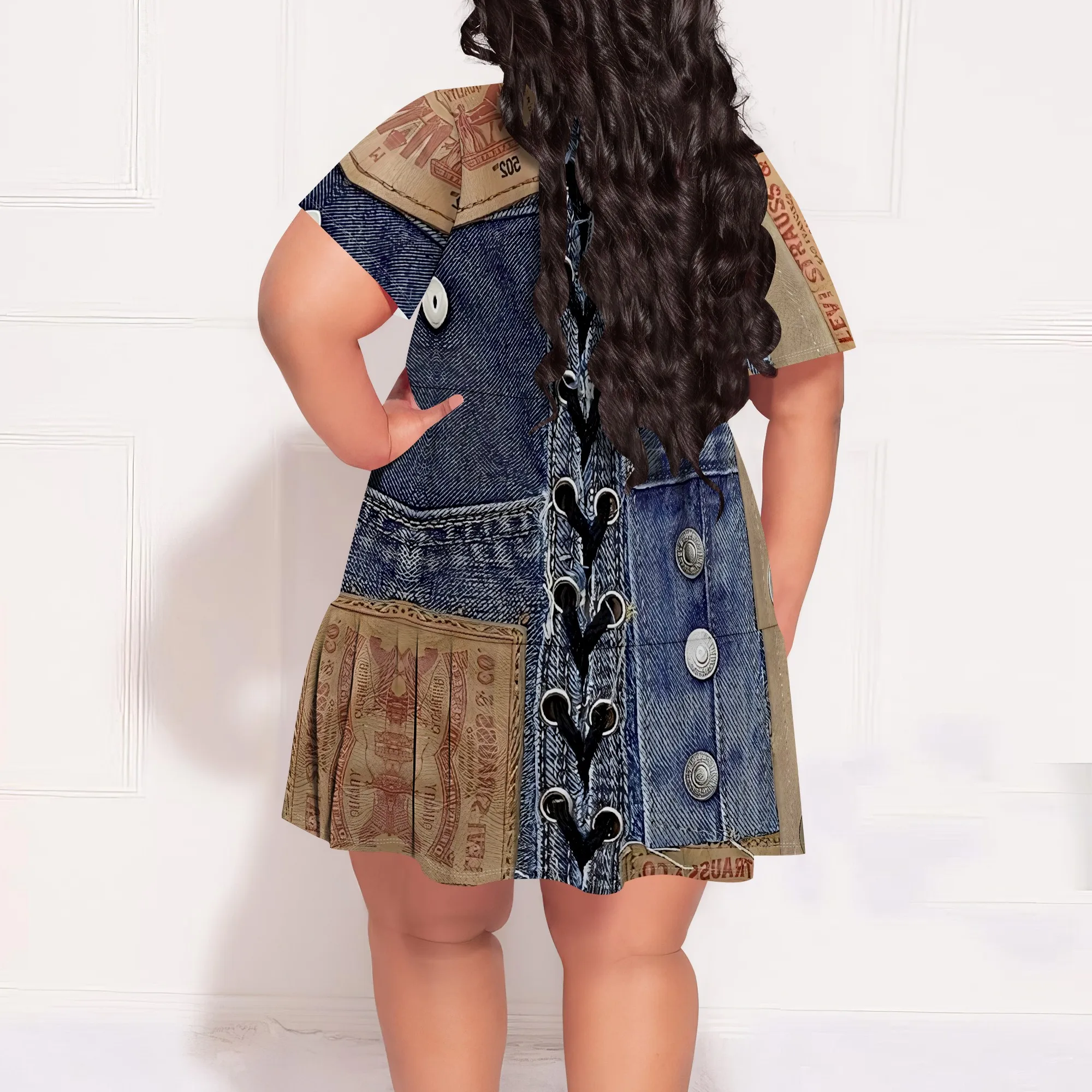 Denim Patchwork Lace-up V-neck Short Sleeve Dress – Women’s Vintage Rugged Casual Party Festival Summer Denim Patchwork Lace-up V-neck Short Sleeve Dress - Women's Vintage Rugged Casual Party Festival Summer