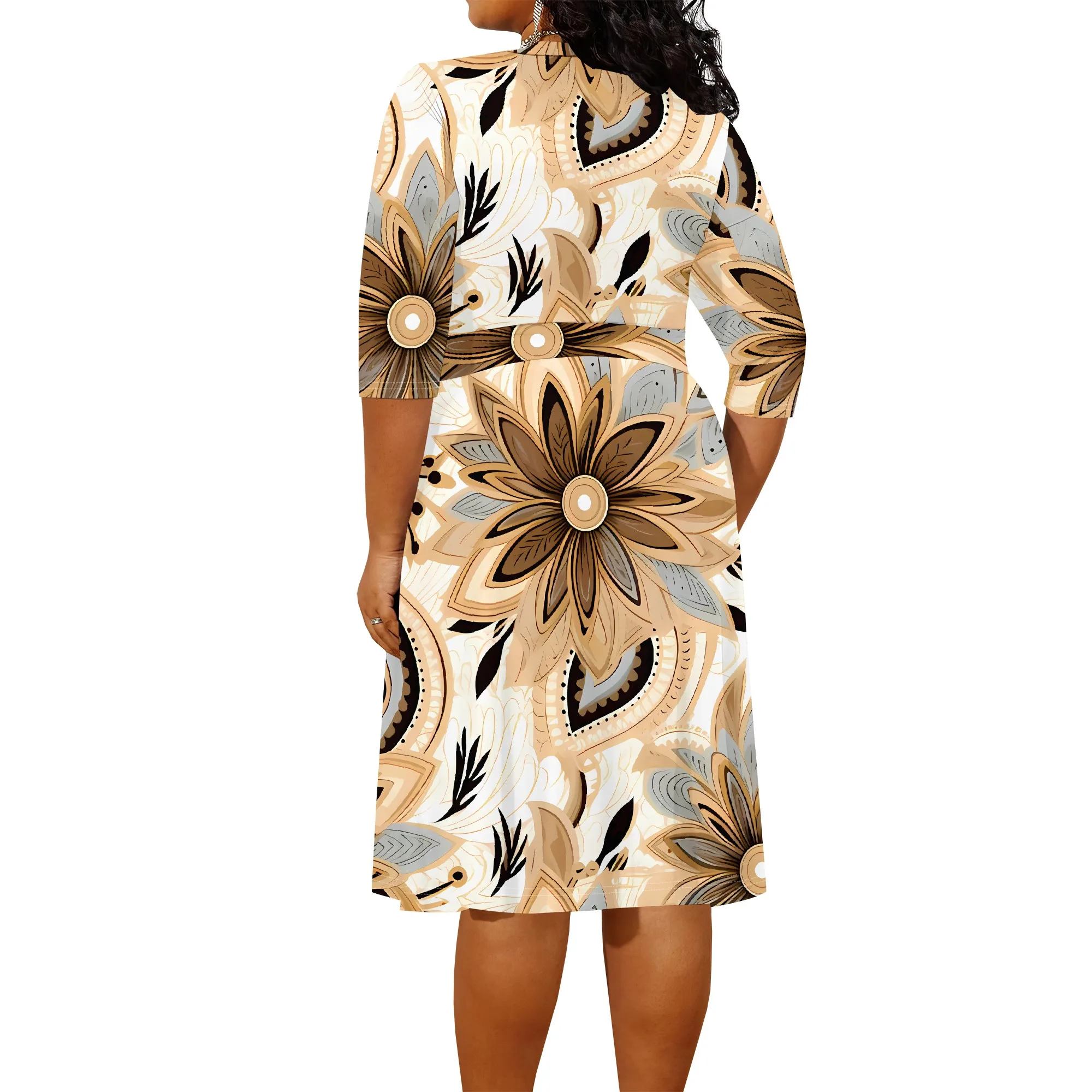 Plus size dress for curvy women Floral V-neck 3/4 sleeve A-line skirt with belt Plus size dress for curvy women Floral V-neck 3/4 sleeve A-line skirt with belt