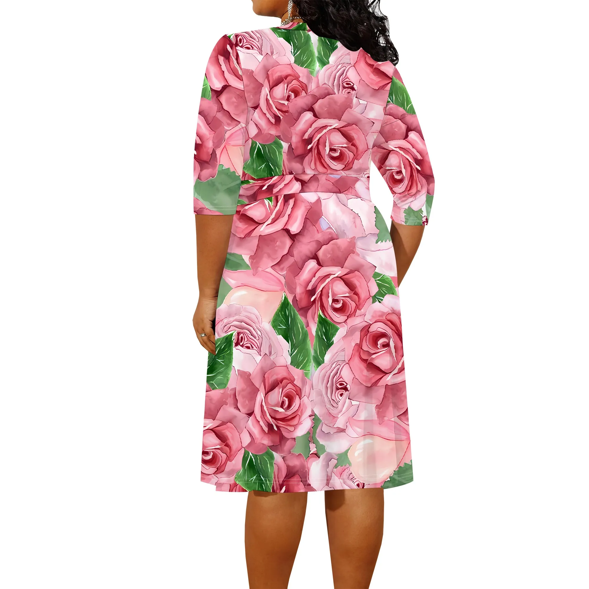 Plus size dress for curvy women Floral V-neck 3/4 sleeve A-line skirt with belt Plus size dress for curvy women Floral V-neck 3/4 sleeve A-line skirt with belt
